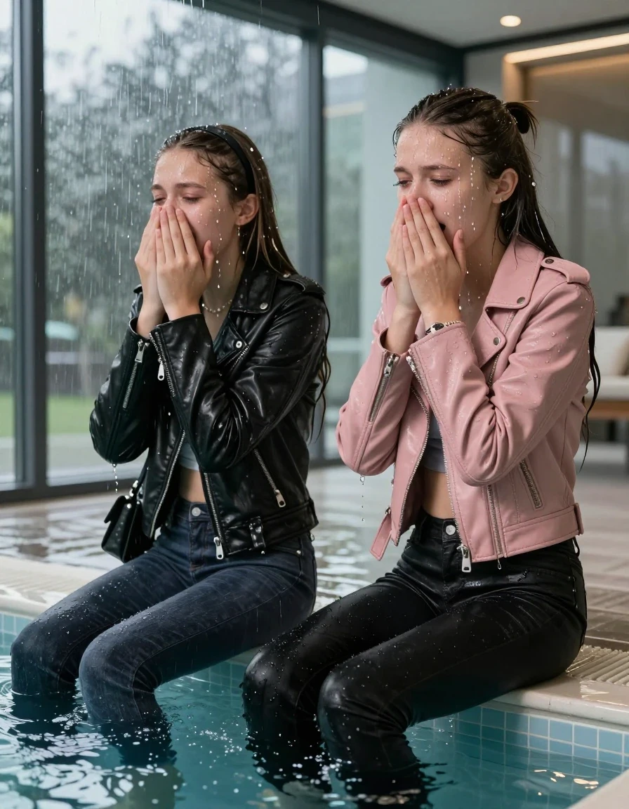 photo of young woman, in soaking wet, drenched clothes,
, Dark skinny jeans, Black leatherjacket with fur, Open jacket, tight v-neck sweater, shoulderbag, pearl necklace, bracelet, wristwatch, Steaming indoor jacuzzi , 
enjoying, wet clothes stuck to body,
detailed textures of the wet clothes, wet face, wet plastered hair,
wet, drenched, professional, high-quality details, full body view.
sharp focus, ultra-high pixel detail, realistic, high-quality, full colors, incredibly detailed, 4k, 8k, 16k, hyper-realistic, RAW photo, masterpiece, ultra-detailed, professionally color graded, professional photograph, A realistic vertical fashion photograph of two 15-year-old teenage girls sitting deep in a , glass-walled indoor swimming pool facing away from the camera to show her back. One cover her whole face with her hands. One cover her mouth with her hands. She is tilting her head up, letting the water drench her hair so it is glued flat against her head and body. She has Sleek  straight long hair with hairband and one has a sleek ponytail, completely saturated and dripping wet hair, with water cascading down her face and neck, crying and astonished expression. The lighting is bright and cinematic, highlighting the glistening water droplets on her skin and the saturated texture of her  casual clothes.  Open mouth, half closed eyes. One wears a black leatherjacket and dark levis skinny jeans. One wears a light pink leatherjacket and black skinny jeans.
The clothing of both girls are soaking wet and clinging tightly to her skin, showing heavy wet folds, darkened fabric texture, and deep water-saturated Patches, her clothes are heavy from the water, water runs from her body and her clothes in streams. A lot of water also runs out of her clothes. Her clothes are darkened by the water. 

Outside the large glass wall of the pool building, heavy rain is visible falling against the window. Soft, moody indoor lighting with reflections on the water. High-quality fashion photography style.
hyper-realistic wetness, high-contrast water sheen, sharp focus, 16k resolution, professional photography, realistic water physics., wet skin, wet clothes, damp fabric, wet skin, wet clothes, damp fabric, wet skin, wet clothes, damp fabric, wet skin, wet clothes, damp fabric, wet skin, wet clothes, damp fabric, wet skin, wet clothes, damp fabric, wet skin, wet clothes, damp fabric, wet skin, wet clothes, damp fabric, wet skin, wet clothes, damp fabric, wet skin, wet clothes, damp fabric, wet skin, wet clothes, damp fabric, wet skin, wet clothes, damp fabric, wet skin, wet clothes, damp fabric, wet skin, wet clothes, damp fabric, wet skin, wet clothes, damp fabric, wet skin, wet clothes, damp fabric, wet skin, wet clothes, damp fabric, wet skin, wet clothes, damp fabric