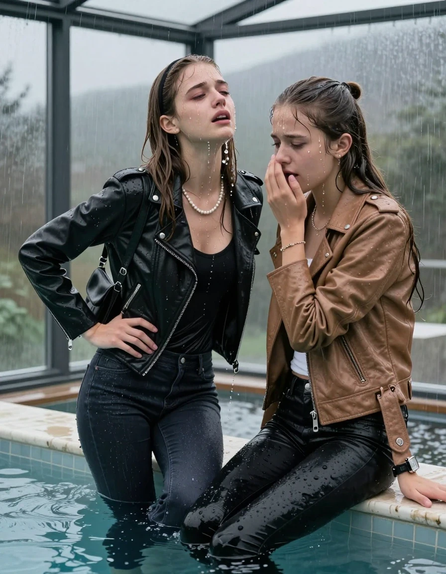photo of young woman, in soaking wet, drenched clothes,
, Dark skinny jeans, Black leatherjacket with fur, Open jacket, tight v-neck sweater, shoulderbag, pearl necklace, bracelet, wristwatch, Steaming indoor jacuzzi , 
enjoying, wet clothes stuck to body,
detailed textures of the wet clothes, wet face, wet plastered hair,
wet, drenched, professional, high-quality details, full body view.
sharp focus, ultra-high pixel detail, realistic, high-quality, full colors, incredibly detailed, 4k, 8k, 16k, hyper-realistic, RAW photo, masterpiece, ultra-detailed, professionally color graded, professional photograph, A realistic vertical zoomed-in fashion photograph of two 15-year-old teenage girls sitting in a glass-walled outdoor swimming pool facing down to show her back. Leaning foreward. One hold her hands on her hips. One hold her Hand on her mouth. She is tilting her head up, letting the water drench her hair so it is glued flat against her head and body. She has Sleek  straight long hair with hairband and one has a sleek ponytail, completely saturated and dripping wet hair, with water cascading down her face and neck, crying and astonished expression. The lighting is bright and cinematic, highlighting the glistening water droplets on her skin and the saturated texture of her  casual clothes.  Open mouth, half closed eyes. One wears a black leatherjacket and dark levis skinny jeans. One wears a light brown leatherjacket and black skinny jeans.
The clothing of both girls are soaking wet and clinging tightly to her skin, showing heavy wet folds, darkened fabric texture, and deep water-saturated Patches, her clothes are heavy from the water, water runs from her body and her clothes in streams. A lot of water also runs out of her clothes. Her clothes are darkened by the water. 

Outside the large glass wall of the pool building, heavy rain is visible falling against the window. Soft, moody indoor lighting with reflections on the water. High-quality fashion photography style.
hyper-realistic wetness, high-contrast water sheen, sharp focus, 16k resolution, professional photography, realistic water physics., wet skin, wet clothes, damp fabric, wet skin, wet clothes, damp fabric, wet skin, wet clothes, damp fabric, wet skin, wet clothes, damp fabric, wet skin, wet clothes, damp fabric, wet skin, wet clothes, damp fabric, wet skin, wet clothes, damp fabric, wet skin, wet clothes, damp fabric, wet skin, wet clothes, damp fabric, wet skin, wet clothes, damp fabric, wet skin, wet clothes, damp fabric, wet skin, wet clothes, damp fabric, wet skin, wet clothes, damp fabric, wet skin, wet clothes, damp fabric, wet skin, wet clothes, damp fabric, wet skin, wet clothes, damp fabric, wet skin, wet clothes, damp fabric, wet skin, wet clothes, damp fabric