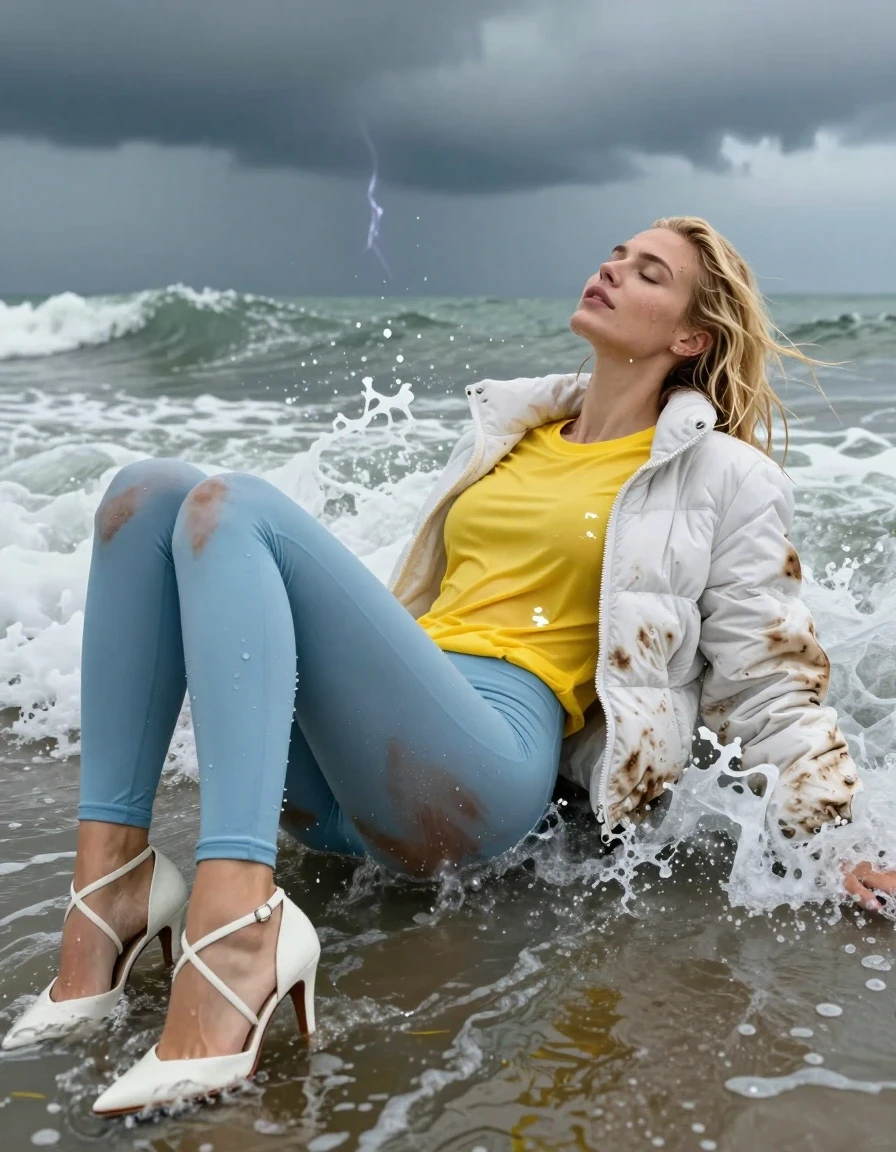 photo of young woman, in soaking wet, drenched clothes,
Strappy white stilettos, Dirty pale blue leggings , Very dirty white puffer jacket , shiny yellow t-shirt , Lying back in surf, 
enjoying, wet clothes stuck to body,
detailed textures of the wet clothes, wet face, wet plastered hair,
wet, drenched, professional, high-quality details, full body view.
sharp focus, ultra-high pixel detail, realistic, high-quality, full colors, incredibly detailed, 4k, 8k, 16k, hyper-realistic, RAW photo, masterpiece, ultra-detailed, professionally color graded, professional photograph, Blonde, in thunder storm, wet skin, wet clothes, damp fabric, wet skin, wet clothes, damp fabric