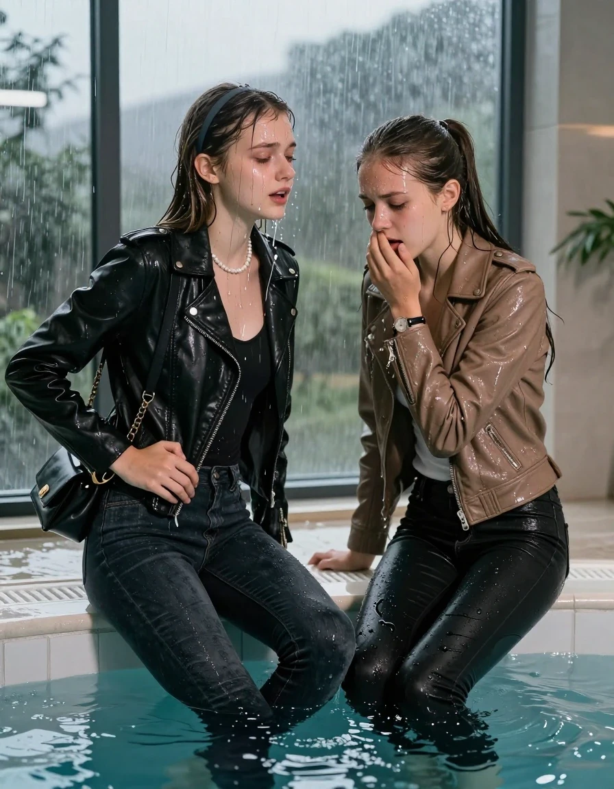 photo of young woman, in soaking wet, drenched clothes,
, Dark skinny jeans, Black leatherjacket with fur, Open jacket, tight v-neck sweater, shoulderbag, pearl necklace, bracelet, wristwatch, Steaming indoor jacuzzi , 
enjoying, wet clothes stuck to body,
detailed textures of the wet clothes, wet face, wet plastered hair,
wet, drenched, professional, high-quality details, full body view.
sharp focus, ultra-high pixel detail, realistic, high-quality, full colors, incredibly detailed, 4k, 8k, 16k, hyper-realistic, RAW photo, masterpiece, ultra-detailed, professionally color graded, professional photograph, A realistic vertical fashion photograph of two 15-year-old teenage girls sitting in a glass-walled indoor swimming pool facing away from the camera to show her back. Looking down. Leaning foreward. One hold her hands on her hips. One hold her Hand on her mouth. She is tilting her head up, letting the water drench her hair so it is glued flat against her head and body. She has Sleek  straight long hair with hairband and one has a sleek ponytail, completely saturated and dripping wet hair, with water cascading down her face and neck, crying and astonished expression. The lighting is bright and cinematic, highlighting the glistening water droplets on her skin and the saturated texture of her  casual clothes.  Open mouth, half closed eyes. One wears a black leatherjacket and dark levis skinny jeans. One wears a light brown leatherjacket and black skinny jeans.
The clothing of both girls are soaking wet and clinging tightly to her skin, showing heavy wet folds, darkened fabric texture, and deep water-saturated Patches, her clothes are heavy from the water, water runs from her body and her clothes in streams. A lot of water also runs out of her clothes. Her clothes are darkened by the water. 

Outside the large glass wall of the pool building, heavy rain is visible falling against the window. Soft, moody indoor lighting with reflections on the water. High-quality fashion photography style.
hyper-realistic wetness, high-contrast water sheen, sharp focus, 16k resolution, professional photography, realistic water physics., wet skin, wet clothes, damp fabric, wet skin, wet clothes, damp fabric, wet skin, wet clothes, damp fabric, wet skin, wet clothes, damp fabric, wet skin, wet clothes, damp fabric, wet skin, wet clothes, damp fabric, wet skin, wet clothes, damp fabric, wet skin, wet clothes, damp fabric, wet skin, wet clothes, damp fabric, wet skin, wet clothes, damp fabric, wet skin, wet clothes, damp fabric, wet skin, wet clothes, damp fabric, wet skin, wet clothes, damp fabric, wet skin, wet clothes, damp fabric, wet skin, wet clothes, damp fabric, wet skin, wet clothes, damp fabric, wet skin, wet clothes, damp fabric, wet skin, wet clothes, damp fabric