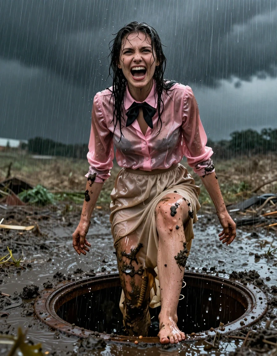 A photorealistic medium shot of a young adult European woman with wet, matted hair and skin, her face contorted in an intense expression of ecstasy and orgasm. She is climbing out of a dark, rusted manhole in the middle of a desolate, rural landscape during a torrential downpour. She is covered in thick, dark sludge, mud, and sewage that clings to her skin and clothes. She wears a long-sleeved satin pink buttoned-down blouse, now translucent and clinging to her body from the heavy rain, paired with a black bowtie. Below, she wears a floor-length beige silk skirt that is heavily soaked, darkened, and weighed down by mud and rainwater, clinging to her legs and dragging in the muck. Her bare feet are visible, caked in grime as she pulls herself up. The environment is dark and stormy, with heavy rain streaks, puddles, and mud splatters. High-contrast cinematic lighting highlights the glossy, wet sheen of the fabrics and the viscous texture of the sludge. 8k resolution, hyper-realistic skin textures, dripping water, wet fabric transparency, dramatic atmosphere, sharp focus on the subject's intense facial expression.