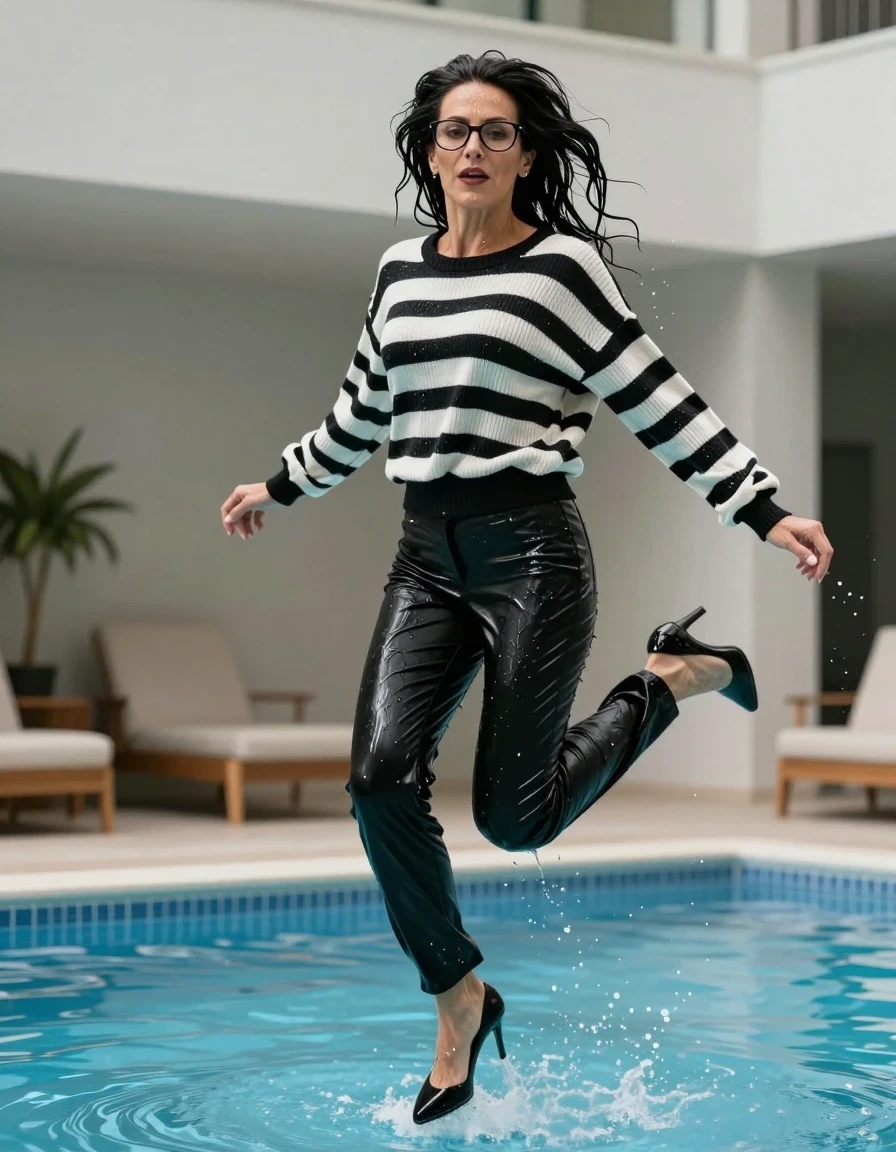 photo of young woman, in soaking wet, drenched clothes,
high heels black shoes, long black shiny trousers, maxi shiny black & white striped sweater, jumping in indoor pool, enjoying wet clothes stuck body, enjoying, wet clothes stuck to body, 
enjoying, wet clothes stuck to body,
detailed textures of the wet clothes, wet face, wet plastered hair,
wet, drenched, professional, high-quality details, full body view.
sharp focus, ultra-high pixel detail, realistic, high-quality, full colors, incredibly detailed, 4k, 8k, 16k, hyper-realistic, RAW photo, masterpiece, ultra-detailed, professionally color graded, professional photograph, europen brunette skinny woman 50 years old, long dark black hair, office glasses, very big and thick lips, complete body, wet skin, wet clothes, damp fabric, wet skin, wet clothes, damp fabric, wet skin, wet clothes, damp fabric, wet skin, wet clothes, damp fabric, wet skin, wet clothes, damp fabric, wet skin, wet clothes, damp fabric, wet skin, wet clothes, damp fabric