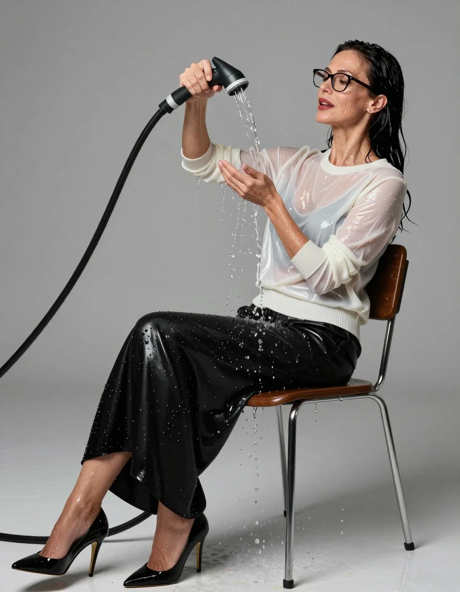 photo of young woman, in soaking wet, drenched clothes,
high heels black shoes, maxi black skirt, shiny white sweater, on the chair, pouring water with the hose, enjoying wet clothes stuck body, enjoying, wet clothes stuck to body, 
enjoying, wet clothes stuck to body,
detailed textures of the wet clothes, wet face, wet plastered hair,
wet, drenched, professional, high-quality details, full body view.
sharp focus, ultra-high pixel detail, realistic, high-quality, full colors, incredibly detailed, 4k, 8k, 16k, hyper-realistic, RAW photo, masterpiece, ultra-detailed, professionally color graded, professional photograph, europen brunette skinny woman 50 years old, long dark black hair, office glasses, very big and thick lips, complete body, wet skin, wet clothes, damp fabric, wet skin, wet clothes, damp fabric, wet skin, wet clothes, damp fabric, wet skin, wet clothes, damp fabric, wet skin, wet clothes, damp fabric, wet skin, wet clothes, damp fabric, wet skin, wet clothes, damp fabric