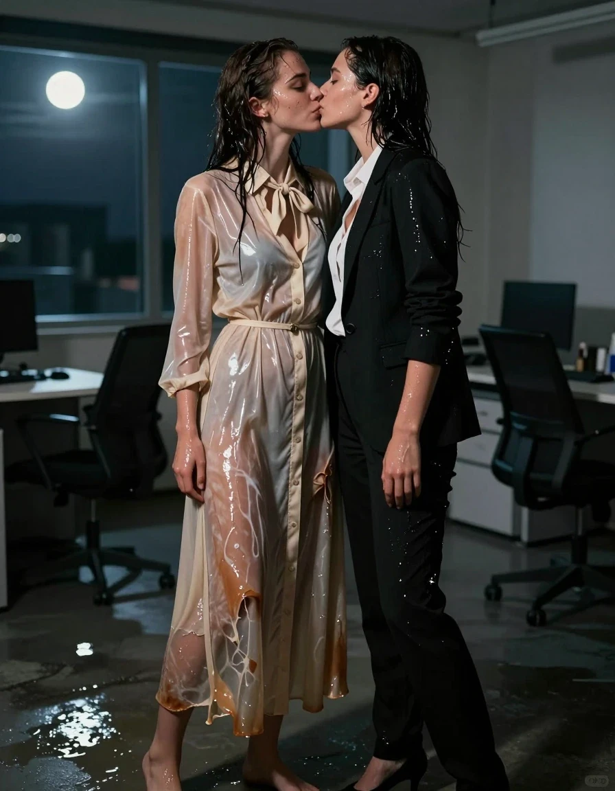 A hyper-realistic, photorealistic capture of two young adult European women in an empty office at night, illuminated by dim moonlight through large windows. One woman is wearing a floor-length beige nylon buttoned-down dress with a bowtie, her bare feet visible on the office floor. She is locked in a passionate kiss with a second woman dressed in black and white business casual attire. Both women have glistening, wet skin, damp hair, and clothes that are visibly soaked, clinging to their bodies with heavy, saturated fabric folds and a distinct water sheen. The beige nylon dress is darkened by moisture, showing translucent patches and deep, clinging folds where the fabric is water-saturated. The office environment is shadowy with sharp, high-contrast lighting reflecting off their wet skin and the damp surfaces of their clothing. Cinematic composition, 8k resolution, shot on 35mm lens, sharp focus on the subjects, highly detailed skin texture, realistic wetness effects.