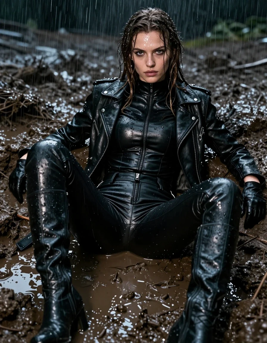A stunning young adult European woman with long, dripping wet brown hair, captured in a photorealistic, high-detail scene. She is wearing a black leather polar neck catsuit that is drenched and clinging to her body, layered with a rugged black biker leather jacket, black leather pants, black leather knee-high boots, and matching leather gloves on both hands. Her skin and clothing are visibly saturated, showcasing a high-sheen water gloss, deep-black wet fabric texture, heavy folds, and clinging material. She is relaxing within a deep, dark mud pit, completely drenched by heavy rain during a dark night. The wet leather surfaces exhibit intense specular reflections and dramatic water sheen. The composition is a cinematic medium shot emphasizing the textures of the wet leather against the muddy environment, with sharp focus on the water droplets and skin texture. No nudity, clean anatomy, high-contrast night lighting, hyper-realistic wet-look atmosphere.