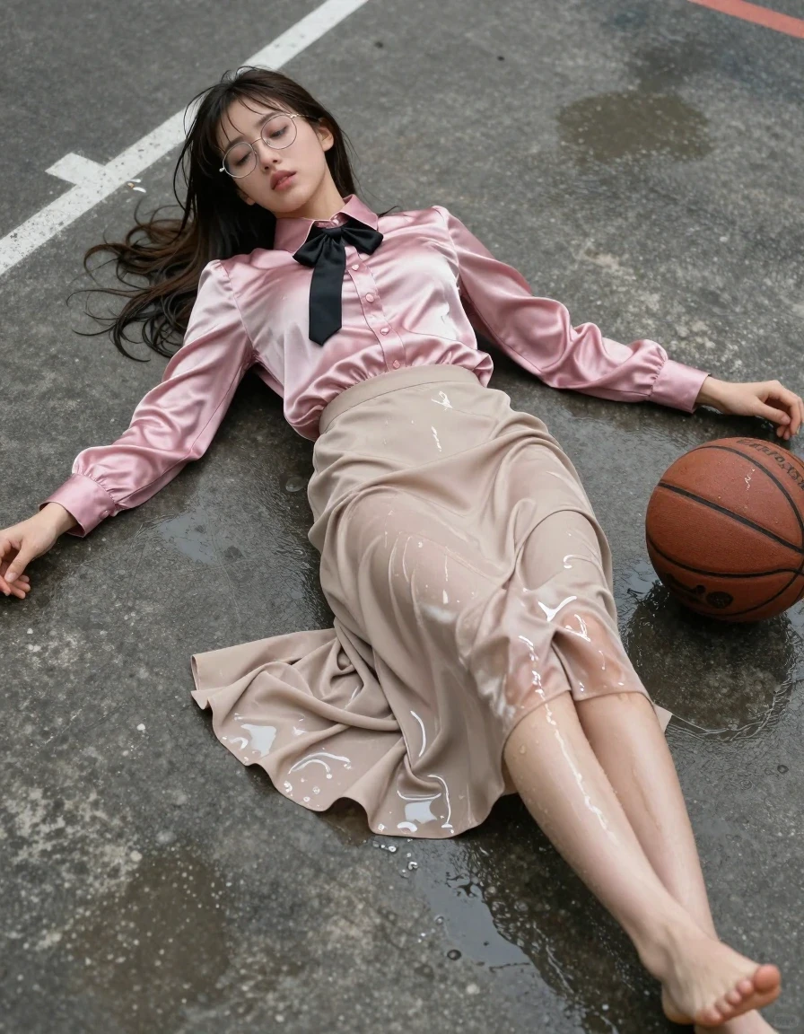 A photorealistic, high-detail cinematic shot of a young adult European woman with a nerdy appearance, glasses slightly askew, lying on a gritty outdoor concrete basketball court. She is wearing a satin pink long-sleeved buttoned-down blouse with a black bowtie and a floor-length beige silk skirt, both garments are soaking wet, clinging to her skin with heavy, dark, water-saturated patches, deep folds, and high-gloss specular reflections on the fabric surfaces. Her bare feet are pressed against the damp concrete. She is captured in a vulnerable, disheveled pose, having just been shoved to the ground, with a basketball rolling nearby. The scene is overcast, creating high-contrast wet highlights on her skin and hair. The lighting emphasizes the texture of the wet concrete and the heavy, clinging quality of the sodden silk and satin fabrics. 8k resolution, sharp focus, photographic depth of field, realistic skin texture, water sheen, hyper-detailed wet fabric behavior.