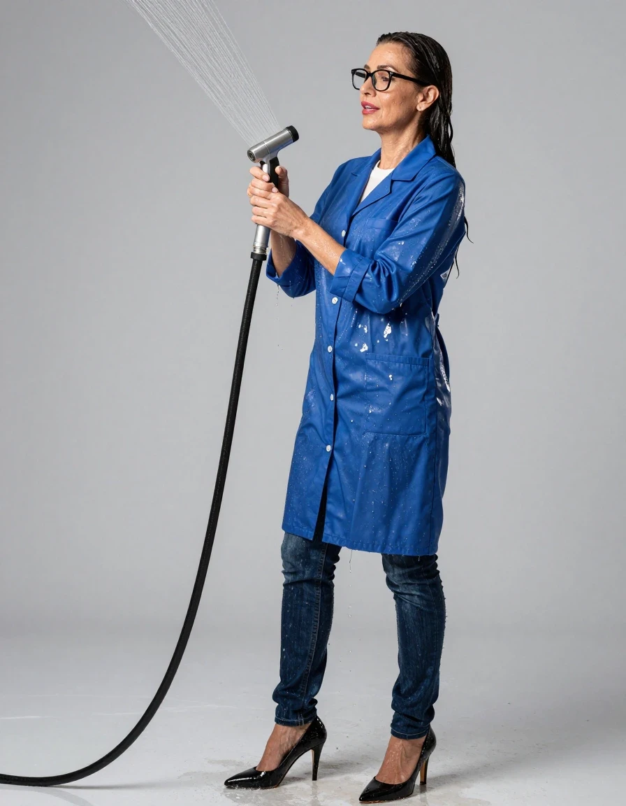photo of young woman, in soaking wet, drenched clothes,
high heels black shoes, long shiny dark blue jeans, long shiny blue labcoat, shiny white sweater, in jakuzzy full of water pouring water with the hose, enjoying wet clothes stuck body, enjoying, wet clothes stuck to body, 
enjoying, wet clothes stuck to body,
detailed textures of the wet clothes, wet face, wet plastered hair,
wet, drenched, professional, high-quality details, full body view.
sharp focus, ultra-high pixel detail, realistic, high-quality, full colors, incredibly detailed, 4k, 8k, 16k, hyper-realistic, RAW photo, masterpiece, ultra-detailed, professionally color graded, professional photograph, europen brunette skinny woman 50 years old, long dark black hair, office glasses, very big and thick lips, complete body, wet skin, wet clothes, damp fabric, wet skin, wet clothes, damp fabric, wet skin, wet clothes, damp fabric, wet skin, wet clothes, damp fabric, wet skin, wet clothes, damp fabric, wet skin, wet clothes, damp fabric, wet skin, wet clothes, damp fabric