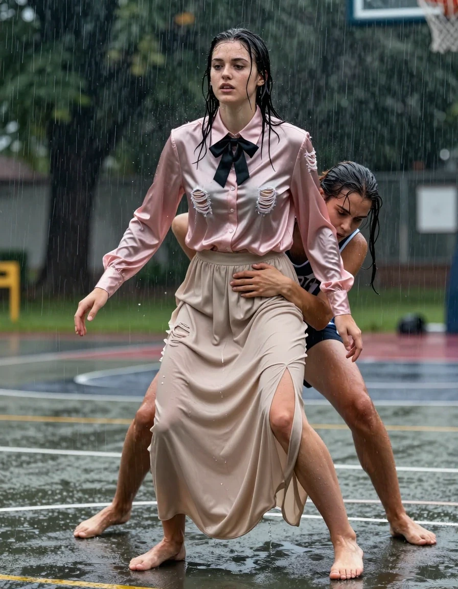 photo of young woman, in soaking wet, drenched clothes,
Barefeet,  Floor length beige silk skirt, Ripped satin pink long sleeved buttoned down blouse, black bowtie, On an outside basketball concrete field, torrential rain, 
enjoying, wet clothes stuck to body,
detailed textures of the wet clothes, wet face, wet plastered hair,
wet, drenched, professional, high-quality details, full body view.
sharp focus, ultra-high pixel detail, realistic, high-quality, full colors, incredibly detailed, 4k, 8k, 16k, hyper-realistic, RAW photo, masterpiece, ultra-detailed, professionally color graded, professional photograph, A nerdy girl enjoys being wrestled down by a dominant basketball player girl, wet skin, wet clothes, damp fabric