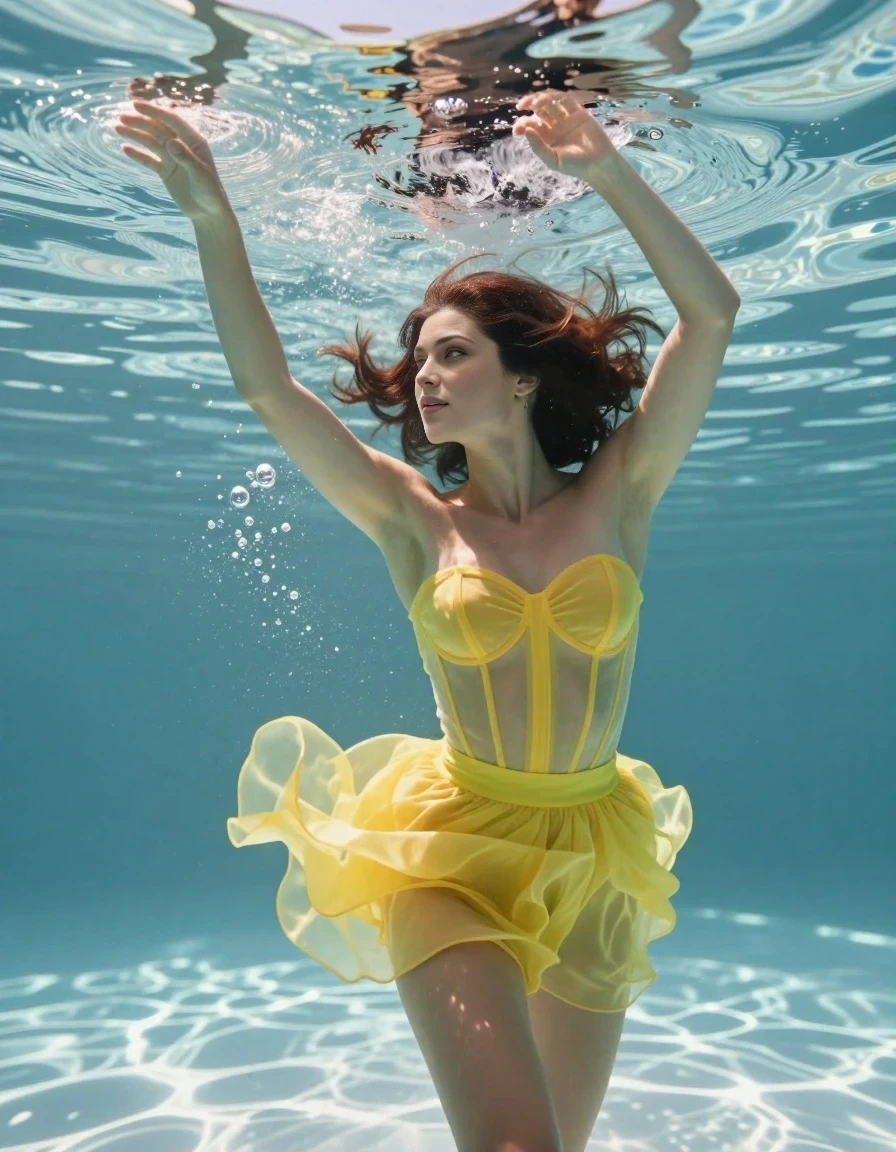 A realistic vertical fashion photograph of a 25-year-old woman with shoulder-length dark auburn hair completely submerged underwater in a large, clear fountain. She is wearing a sheer, strapless yellow bustier and a matching yellow short skirt that float elegantly around her. Her arms are raised high above her head, and her face is angled toward the surface, illuminated by sunlight filtering through the water. The scene is serene, with bubbles and light refractions creating a shimmering effect.