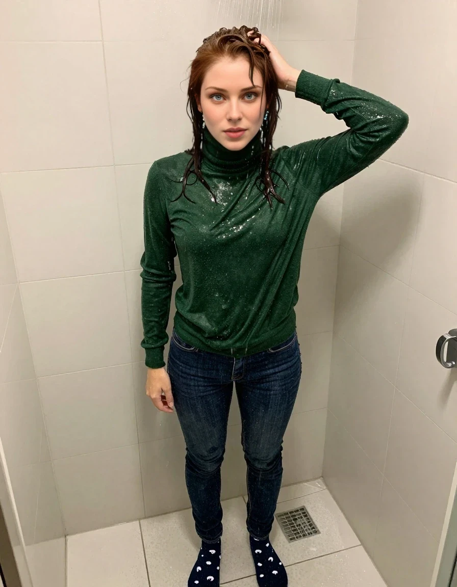 A full-body portrait of a 23-year-old person with shoulder-length messy dark auburn hair standing in a shower, completely soaked. They are wearing a forest green cashmere turtleneck, dark indigo denim jeans, and navy blue space ship pattern socks, all of which are thoroughly saturated, dark, and clinging to their frame. The person is looking toward the camera with a slightly nervous, determined expression while water cascades over their head and hair. The bathroom lighting is bright and clear, emphasizing the heavy, wet texture of the clothes and the water dripping from their hair and skin.
