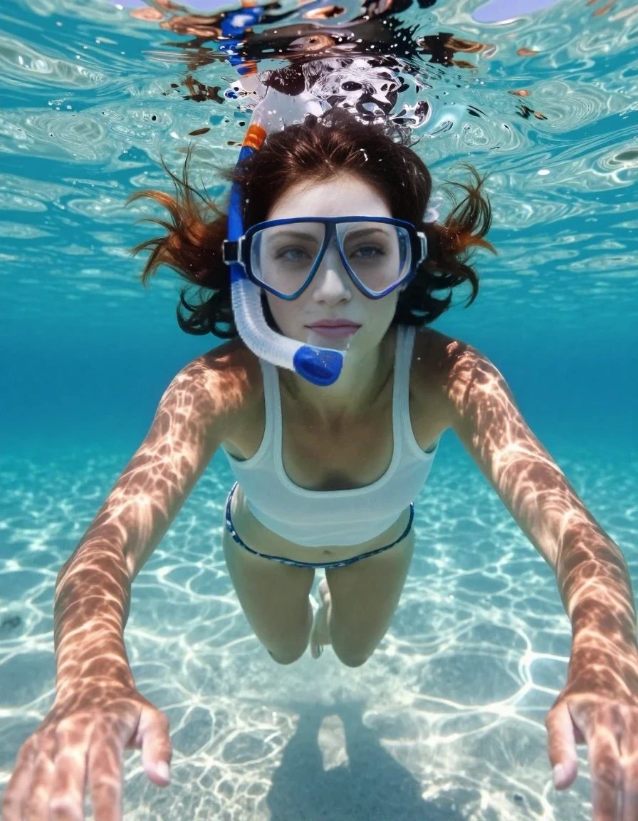 A realistic underwater fashion photograph from a first-person perspective, looking at an adult woman with shoulder-length dark auburn hair swimming gracefully in the crystal-clear Caribbean sea. She is wearing a thin white cotton tank top and a bikini bottom, with a diving mask and snorkel on her face. The sunlight filters through the turquoise water, creating shimmering light patterns on her skin and the sandy seabed below. She is swimming toward the camera with a playful expression, her hair floating around her in the current.
