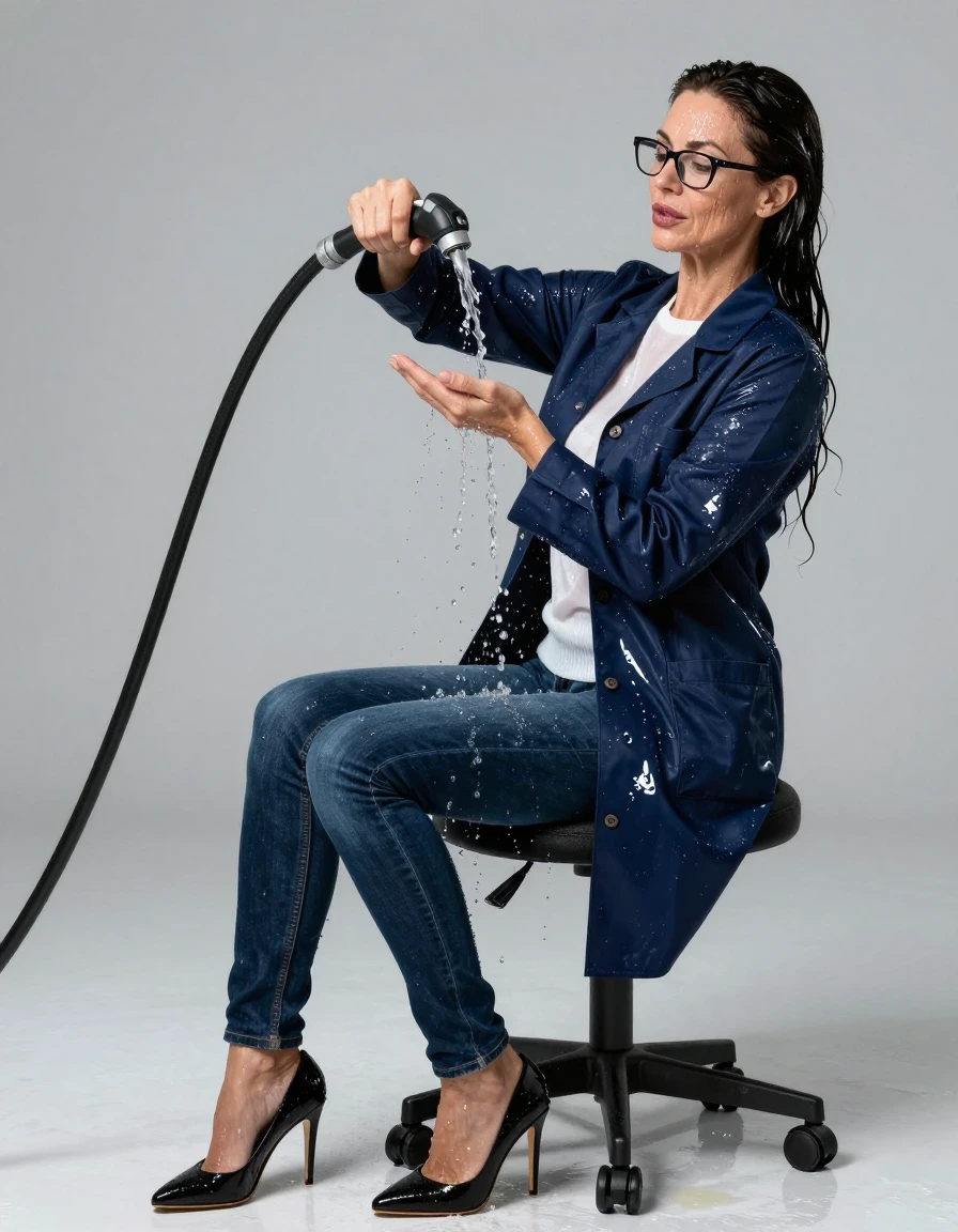 photo of young woman, in soaking wet, drenched clothes,
high heels black shoes, long shiny dark blue jeans, long shiny dark blue labcoat, shiny white sweater, on the chair, pouring water with the hose, enjoying wet clothes stuck body, enjoying, wet clothes stuck to body, 
enjoying, wet clothes stuck to body,
detailed textures of the wet clothes, wet face, wet plastered hair,
wet, drenched, professional, high-quality details, full body view.
sharp focus, ultra-high pixel detail, realistic, high-quality, full colors, incredibly detailed, 4k, 8k, 16k, hyper-realistic, RAW photo, masterpiece, ultra-detailed, professionally color graded, professional photograph, europen brunette skinny woman 50 years old, long dark black hair, office glasses, very big and thick lips, complete body, wet skin, wet clothes, damp fabric, wet skin, wet clothes, damp fabric, wet skin, wet clothes, damp fabric, wet skin, wet clothes, damp fabric, wet skin, wet clothes, damp fabric, wet skin, wet clothes, damp fabric, wet skin, wet clothes, damp fabric