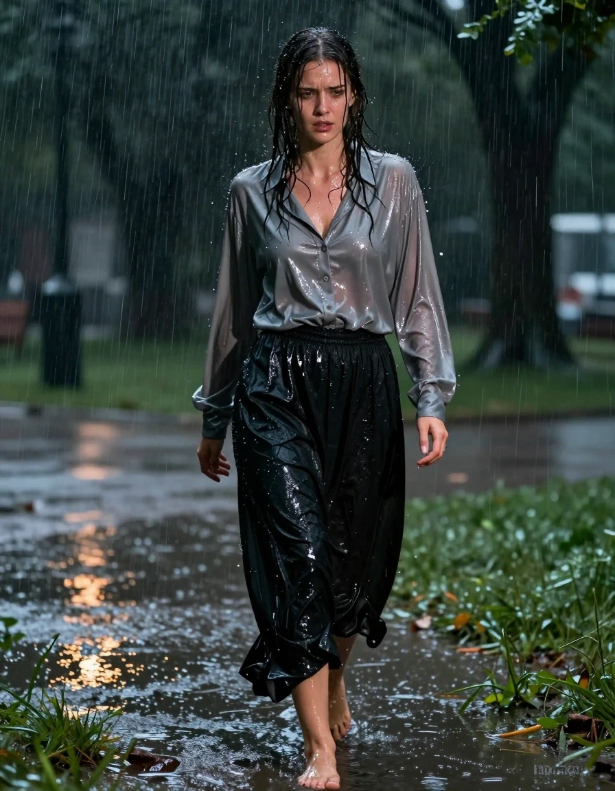 A photorealistic full-body shot of a young adult European woman with wet, rain-slicked hair and skin, walking through an empty park at night during a torrential downpour. She is wearing an oversized grey satin long-sleeved buttoned-down nylon blouse, which is heavily soaked, clinging to her skin, and displaying deep grey tones and high-sheen specular reflections from the rain. Beneath, she wears a floor-length black cotton skirt that is completely saturated, heavy with water, and clinging to her legs with deep, dark folds and visible fabric texture. She is barefoot, with her feet pressing into the wet, muddy grass. Her expression is one of intense, flushed arousal, eyes slightly unfocused as she walks through the storm. The scene is illuminated by distant, dim park lights reflecting off the wet pavement and the water-drenched clothing. High-contrast cinematic lighting, hyper-realistic water droplets, heavy atmosphere, 8k resolution, sharp focus on texture and wet fabric clinging to the body.