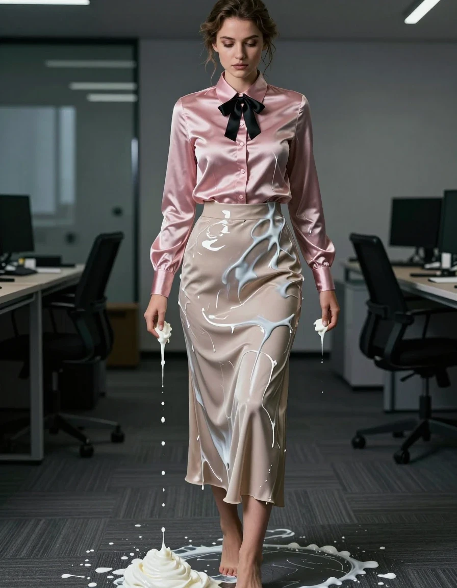 A photorealistic medium shot of a young adult European woman standing in an empty office at night. She is wearing a satin pink long-sleeved buttoned-down blouse with a black bowtie and a floor-length beige silk skirt. The blouse is soaked through with thick, viscous whipped cream that has been poured underneath the fabric, causing the satin to cling tightly to her skin, becoming translucent and dark with heavy, wet folds and a glossy, high-sheen texture. She is barefoot, with her feet resting on the office floor. The atmosphere is quiet and professional, illuminated by dim, moody ambient office lighting that creates sharp specular highlights on the wet, clinging fabric. 8k resolution, cinematic lighting, highly detailed skin texture, realistic fabric physics, sharp focus on the wet satin and the messy, indulgent application of the cream.