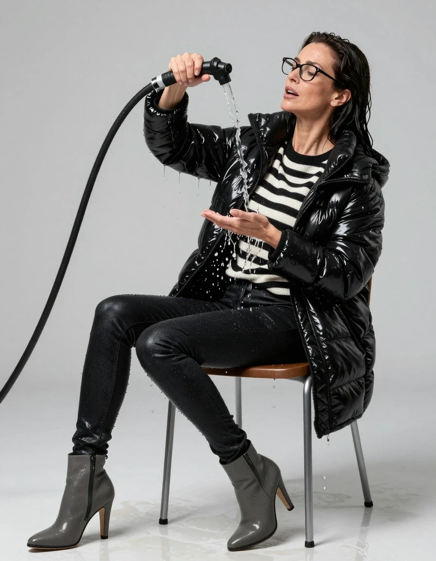 photo of young woman, in soaking wet, drenched clothes,
high heels gray boots, long black shiny tight jeans, maxi shiny black & white striped sweater, maxi black shiny down jacket , on the chair, pouring water with the hose, enjoying wet clothes stuck body, enjoying, wet clothes stuck to body, 
enjoying, wet clothes stuck to body,
detailed textures of the wet clothes, wet face, wet plastered hair,
wet, drenched, professional, high-quality details, full body view.
sharp focus, ultra-high pixel detail, realistic, high-quality, full colors, incredibly detailed, 4k, 8k, 16k, hyper-realistic, RAW photo, masterpiece, ultra-detailed, professionally color graded, professional photograph, europen brunette skinny woman 50 years old, long dark black hair, office glasses, very big and thick lips, complete body, wet skin, wet clothes, damp fabric, wet skin, wet clothes, damp fabric, wet skin, wet clothes, damp fabric, wet skin, wet clothes, damp fabric, wet skin, wet clothes, damp fabric, wet skin, wet clothes, damp fabric, wet skin, wet clothes, damp fabric