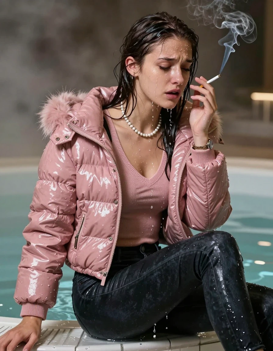 photo of young woman, in soaking wet, drenched clothes,
, Dark skinny jeans, Pink Moncler shiny puffer down jacket with fur, Open jacket, tight v-neck sweater, shoulderbag, pearl necklace, bracelet, wristwatch, Steaming indoor jacuzzi , 
enjoying, wet clothes stuck to body,
detailed textures of the wet clothes, wet face, wet plastered hair,
wet, drenched, professional, high-quality details, full body view.
sharp focus, ultra-high pixel detail, realistic, high-quality, full colors, incredibly detailed, 4k, 8k, 16k, hyper-realistic, RAW photo, masterpiece, ultra-detailed, professionally color graded, professional photograph, A realistic vertical fashion photograph taken from a backward, behind-the-back angle of a 15-year-old teenage girl sitting in a steaming indoor jacuzzi, facing away from the camera to show her back. She hold her hand on her face. She is tilting her head at camera, letting the water drench her hair so it is glued flat against her head and body. She has Sleek long hair with middle parting, completely saturated and dripping wet hair, with water cascading down her face and neck, crying and astonished expression. She smoke on a cigarette. The lighting is bright and cinematic, highlighting the glistening water droplets on her skin and the saturated texture of her  casual clothes.  Open mouth, half closed eyes. 
her clothing is soaking wet and clinging tightly to her skin, showing heavy wet folds, darkened fabric texture, and deep water-saturated Patches, her clothes are heavy from the water, water runs from her body and her clothes in streams. A lot of water also runs out of her clothes. Her clothes are darkened by the water. 
hyper-realistic wetness, high-contrast water sheen, sharp focus, 16k resolution, professional photography, realistic water physics., wet skin, wet clothes, damp fabric, wet skin, wet clothes, damp fabric, wet skin, wet clothes, damp fabric, wet skin, wet clothes, damp fabric, wet skin, wet clothes, damp fabric, wet skin, wet clothes, damp fabric, wet skin, wet clothes, damp fabric, wet skin, wet clothes, damp fabric, wet skin, wet clothes, damp fabric, wet skin, wet clothes, damp fabric