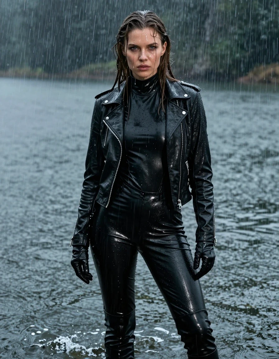 A photorealistic medium shot of a young adult European woman with long, dripping wet brown hair, standing in a deep lake during a torrential downpour. Her skin is glistening with heavy rain, and she is wearing a black leather polar neck catsuit that is drenched and clinging to her frame, layered with a black biker's leather jacket and black leather pants. She wears black leather knee-high boots and leather gloves on both hands. The leather garments are heavily saturated, exhibiting deep, dark tones, visible water sheen, heavy folds, and strong glossy specular reflections from the rain. The environment is a dark, moody lake with heavy rain creating ripples and splashes on the water surface. High-contrast cinematic lighting, hyper-realistic textures, wet skin, damp fabric, water running down her face and clothing, sharp focus, 8k resolution, professional photography. No nudity, clean anatomy, no bare skin beyond face and hands.