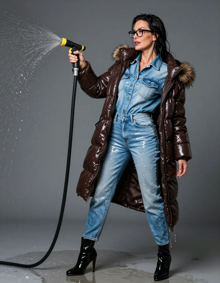 photo of young woman, in soaking wet, drenched clothes,
high heels black boots, long light blue shiny jeans, maxi shiny light blue denim top, maxi brown shiny down jacket with fur, pouring water with the hose, enjoying wet clothes stuck body, enjoying, wet clothes stuck to body, 
enjoying, wet clothes stuck to body,
detailed textures of the wet clothes, wet face, wet plastered hair,
wet, drenched, professional, high-quality details, full body view.
sharp focus, ultra-high pixel detail, realistic, high-quality, full colors, incredibly detailed, 4k, 8k, 16k, hyper-realistic, RAW photo, masterpiece, ultra-detailed, professionally color graded, professional photograph, europen brunette skinny woman 50 years old, long dark black hair, office glasses, very big and thick lips, complete body, wet skin, wet clothes, damp fabric, wet skin, wet clothes, damp fabric, wet skin, wet clothes, damp fabric, wet skin, wet clothes, damp fabric, wet skin, wet clothes, damp fabric, wet skin, wet clothes, damp fabric, wet skin, wet clothes, damp fabric