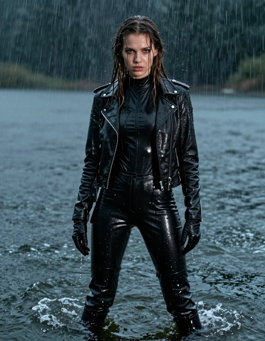 A hyper-realistic full-body portrait of a young European woman with long, dripping wet brown hair, standing in a deep lake during a torrential downpour. She is wearing a black leather polar neck catsuit that is drenched and clings to her frame, layered with a rugged black biker's leather jacket, black leather pants, and black leather knee-high boots, with leather gloves on both hands. The leather garments are heavily saturated, exhibiting a deep, dark sheen, heavy water weight, and glossy specular reflections from the rain. Her skin is glistening with water, and her clothing shows realistic damp fabric texture, clinging folds, and rivulets of water cascading down the surfaces. The environment is a dark, moody lake with heavy rain creating ripples and splashes on the water's surface. The lighting is dramatic and cool-toned, emphasizing the wet textures and the glossy, reflective quality of the drenched leather. High-resolution, cinematic photography, sharp focus on the textures of the wet leather and water droplets, professional color grading, fully clothed, no nudity.