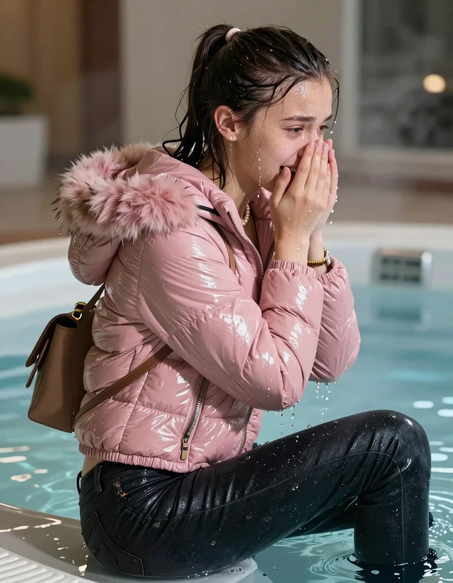 photo of young woman, in soaking wet, drenched clothes,
, Dark skinny jeans, Pink Moncler shiny puffer down jacket with fur, Open jacket, tight v-neck sweater, shoulderbag, pearl necklace, bracelet, wristwatch, Steaming indoor jacuzzi , 
enjoying, wet clothes stuck to body,
detailed textures of the wet clothes, wet face, wet plastered hair,
wet, drenched, professional, high-quality details, full body view.
sharp focus, ultra-high pixel detail, realistic, high-quality, full colors, incredibly detailed, 4k, 8k, 16k, hyper-realistic, RAW photo, masterpiece, ultra-detailed, professionally color graded, professional photograph, A realistic vertical fashion photograph taken from a backward, behind-the-back angle of a 15-year-old teenage girl sitting in a steaming indoor jacuzzi, facing away from the camera to show her back. She Covers her nose with her hands. She is tilting her head at camera, looking directely into the camera, letting the water drench her hair so it is glued flat against her head and body. She has Sleek  long flipped ponytail. completely saturated and dripping wet hair, with water cascading down her face and neck, crying and astonished expression. The lighting is bright and cinematic, highlighting the glistening water droplets on her skin and the saturated texture of her  casual clothes.  Open mouth, half closed eyes. 
her clothing is soaking wet and clinging tightly to her skin, showing heavy wet folds, darkened fabric texture, and deep water-saturated Patches, her clothes are heavy from the water, water runs from her body and her clothes in streams. A lot of water also runs out of her clothes. Her clothes are darkened by the water. 
hyper-realistic wetness, high-contrast water sheen, sharp focus, 16k resolution, professional photography, realistic water physics., wet skin, wet clothes, damp fabric, wet skin, wet clothes, damp fabric, wet skin, wet clothes, damp fabric, wet skin, wet clothes, damp fabric, wet skin, wet clothes, damp fabric, wet skin, wet clothes, damp fabric, wet skin, wet clothes, damp fabric, wet skin, wet clothes, damp fabric, wet skin, wet clothes, damp fabric, wet skin, wet clothes, damp fabric, wet skin, wet clothes, damp fabric