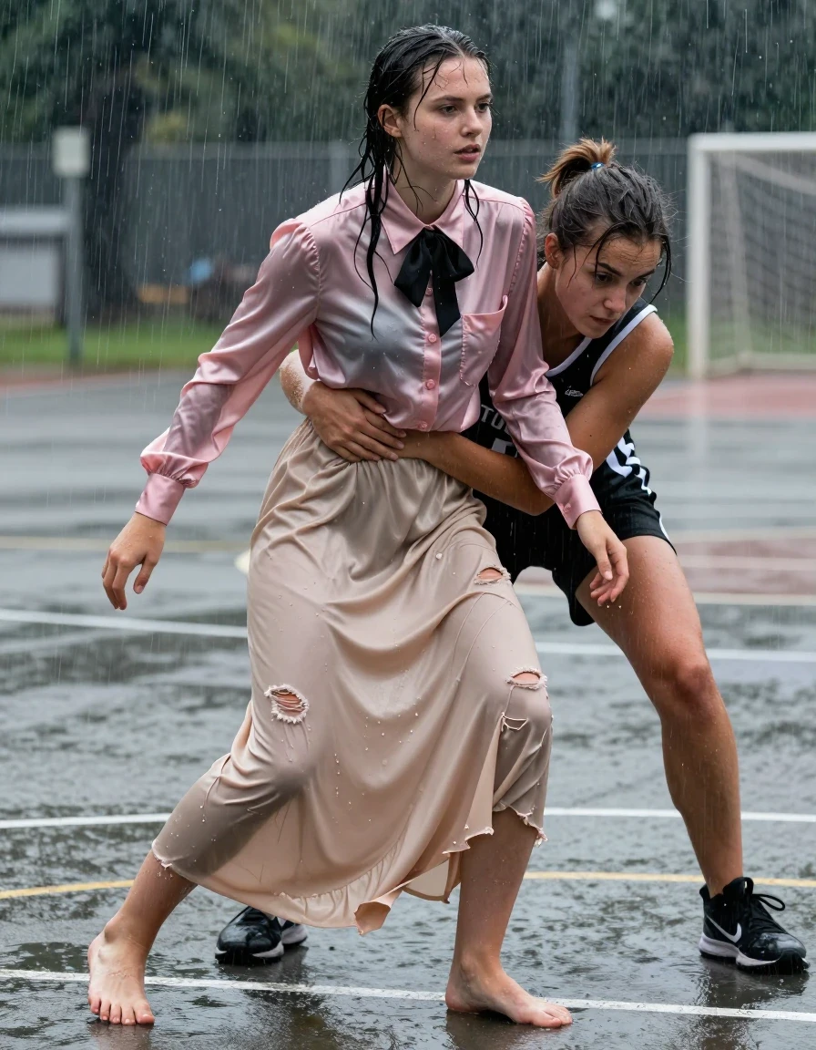 photo of young woman, in soaking wet, drenched clothes,
Barefeet,  Floor length beige silk skirt, Ripped satin pink long sleeved buttoned down blouse, black bowtie, On an outside basketball concrete field, torrential rain, 
enjoying, wet clothes stuck to body,
detailed textures of the wet clothes, wet face, wet plastered hair,
wet, drenched, professional, high-quality details, full body view.
sharp focus, ultra-high pixel detail, realistic, high-quality, full colors, incredibly detailed, 4k, 8k, 16k, hyper-realistic, RAW photo, masterpiece, ultra-detailed, professionally color graded, professional photograph, A nerdy girl enjoys being wrestled down by a dominant basketball player girl, wet skin, wet clothes, damp fabric
