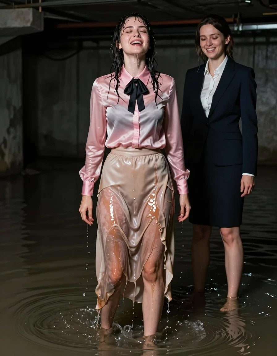 A photorealistic medium shot of a young adult European woman with bare feet, standing in a dark, flooded basement with cold, murky water rising to her ankles. She is wearing a floor-length beige silk skirt that is heavily soaked, clinging to her legs with deep, dark, saturated patches and heavy, wet folds reflecting the dim light. She wears a satin pink long-sleeved button-down blouse with a black bowtie, the fabric darkened and glistening with moisture. Her hair and skin are damp, with water sheen visible on her face. She is captured in a moment of intense, submissive pleasure, her face flushed and eyes closed in the peak of an orgasm. Standing beside her is a dominant woman in crisp, dry business-casual attire, looking down with a cold, triumphant smile. The atmosphere is tense and atmospheric, with sharp focus on the wet textures of the silk and satin, realistic water ripples, cinematic lighting highlighting the contrast between the saturated, clinging fabrics and the dark, damp environment, 8k resolution, highly detailed skin texture.
