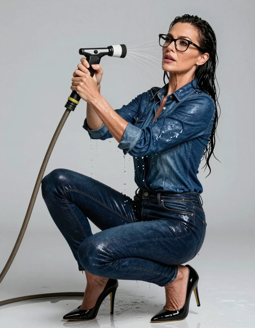 photo of young woman, in soaking wet, drenched clothes,
high heels black shoes, long dark blue shiny jeans, shiny dark blue denim shirt, pouring water with the hose, enjoying wet clothes stuck body, enjoying, wet clothes stuck to body, 
enjoying, wet clothes stuck to body,
detailed textures of the wet clothes, wet face, wet plastered hair,
wet, drenched, professional, high-quality details, full body view.
sharp focus, ultra-high pixel detail, realistic, high-quality, full colors, incredibly detailed, 4k, 8k, 16k, hyper-realistic, RAW photo, masterpiece, ultra-detailed, professionally color graded, professional photograph, europen brunette skinny woman 50 years old, long dark black hair, office glasses, very big and thick lips, complete body, wet skin, wet clothes, damp fabric, wet skin, wet clothes, damp fabric, wet skin, wet clothes, damp fabric, wet skin, wet clothes, damp fabric, wet skin, wet clothes, damp fabric, wet skin, wet clothes, damp fabric, wet skin, wet clothes, damp fabric