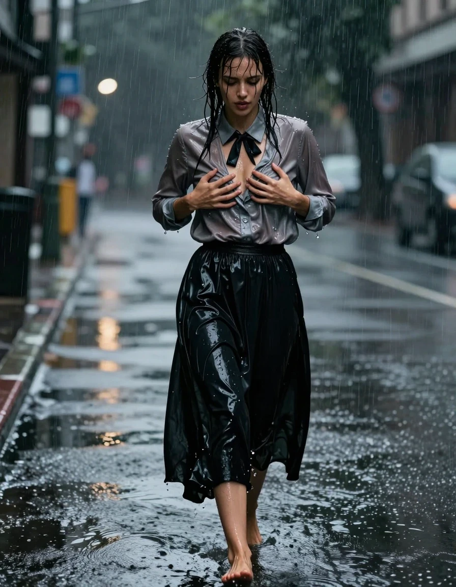 A photorealistic full-body shot of a young adult European woman walking home alone on an empty city street at night during a torrential downpour. She is drenched, with wet hair clinging to her face and shoulders, and her skin glistening with heavy rain. She wears an oversized, long-sleeved, buttoned-down grey satin nylon blouse that is soaked through, clinging to her silhouette and darkening in color, paired with a floor-length, heavy, water-saturated black cotton skirt that hangs with visible weight and deep, dark, wet folds. A small black bowtie is tied at her collar, also saturated with water. She is barefoot, her feet splashing on the wet, reflective pavement. Her expression is one of intense, flushed arousal as she walks, her hands actively massaging her breasts through the wet, clinging fabric of her blouse. The environment is dark and moody, illuminated by the cold, harsh light of distant streetlamps reflecting off the puddles and the slick, rain-drenched surfaces. Cinematic lighting, high-contrast, hyper-detailed textures of wet fabric, water droplets, and atmospheric rain streaks, 8k resolution, shot on 35mm lens, sharp focus, realistic skin pores and water sheen.