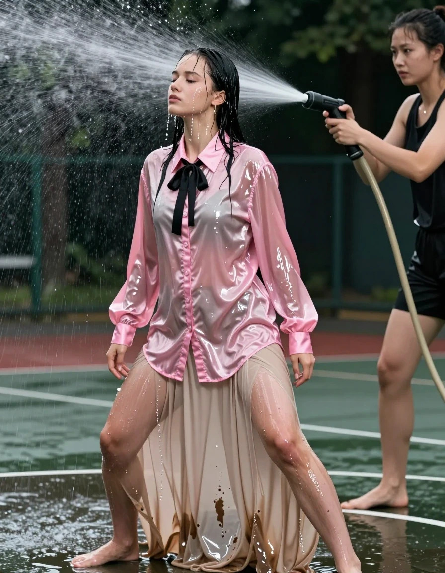 A photorealistic scene on an outdoor basketball court featuring a young adult European woman as a submissive subject, being blasted with a high-pressure jet of water from a hose held by a dominant female basketball player. The subject is wearing a satin pink oversized long-sleeved buttoned-down blouse with a black bowtie and a beige floor-length skirt, with her bare feet visible against the court surface. The satin pink blouse is heavy, clinging, and translucent from being completely drenched, with deep wet folds and high-gloss specular reflections on the fabric surface. The beige floor-length skirt is soaked through, clinging to her legs, with darkened, water-saturated patches and heavy, weighted fabric texture. Her skin and hair are dripping wet, with water streaming down her face and body. The basketball player is standing over her, holding the hose, dynamic action shot, intense atmosphere. Cinematic lighting with strong highlights on the wet surfaces, high-contrast water spray, sharp focus on textures, 8k resolution, professional photography, realistic water physics, droplets splashing off the fabric.
