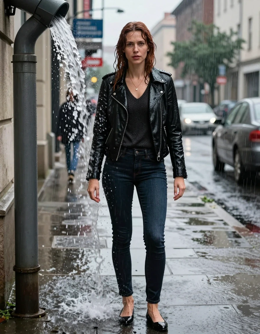 photo of young woman, in soaking wet, drenched clothes,
Black flats, Dark Levi’s skinny jeans, Black Bilder lestherjacket, v-neck sweater, downtown on rainy afternoon , 
enjoying, wet clothes stuck to body,
detailed textures of the wet clothes, wet face, wet plastered hair,
wet, drenched, professional, high-quality details, full body view.
sharp focus, ultra-high pixel detail, realistic, high-quality, full colors, incredibly detailed, 4k, 8k, 16k, hyper-realistic, RAW photo, masterpiece, ultra-detailed, professionally color graded, professional photograph, selfie-style photo of a mid-30’s fit woman with chestnut hair backing herself directly into a heavy stream of water pouring from a gutter downspout. Her hair and dress dampened from rain, but not yet saturated by the heavy stream., wet skin, wet clothes, damp fabric, wet skin, wet clothes, damp fabric