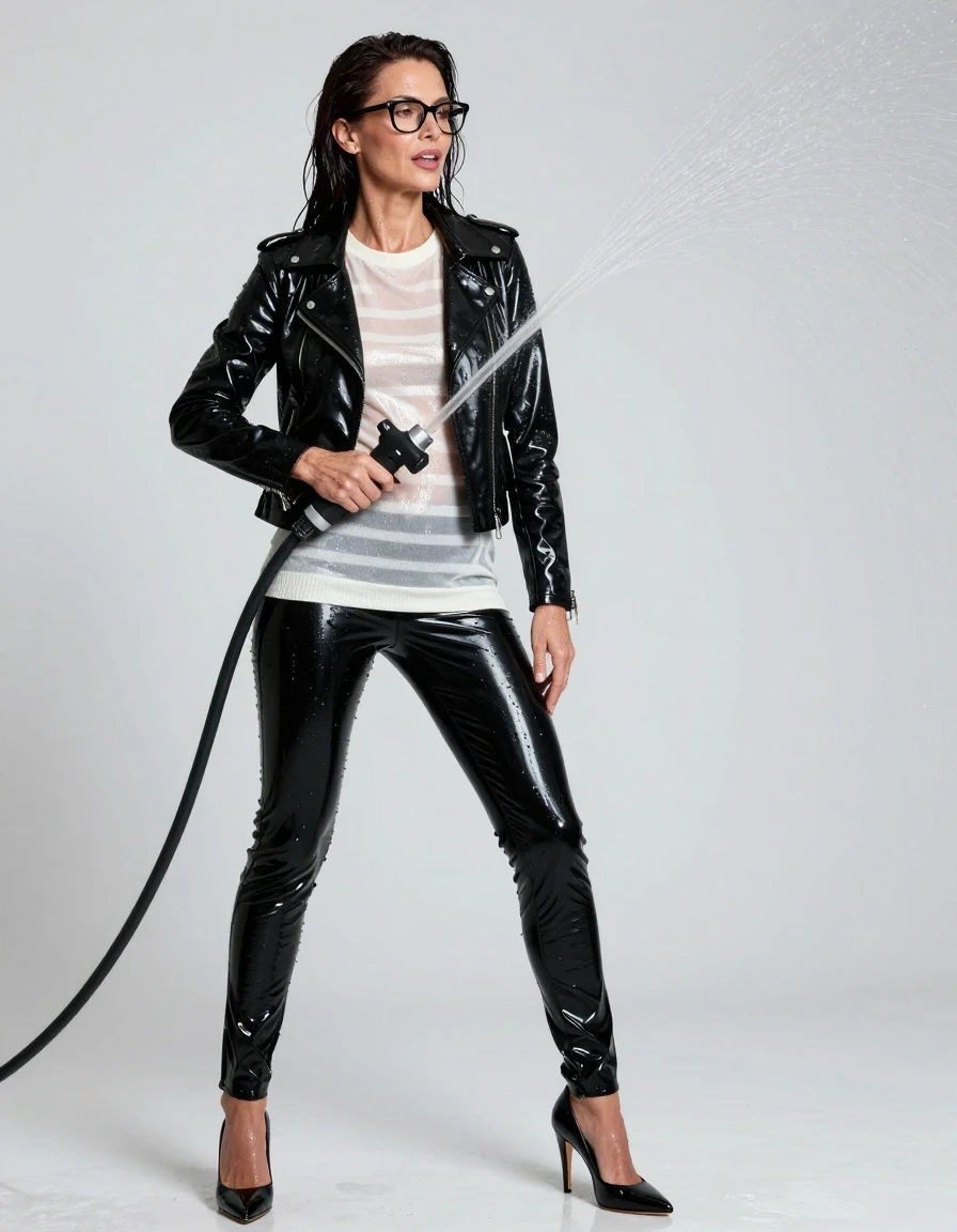 photo of young woman, in soaking wet, drenched clothes,
high heels black shoes, long black shiny latex trousers, maxi shiny white striped sweater, black latex biker jacket, pouring water with the hose, enjoying wet clothes stuck body, enjoying, wet clothes stuck to body, 
enjoying, wet clothes stuck to body,
detailed textures of the wet clothes, wet face, wet plastered hair,
wet, drenched, professional, high-quality details, full body view.
sharp focus, ultra-high pixel detail, realistic, high-quality, full colors, incredibly detailed, 4k, 8k, 16k, hyper-realistic, RAW photo, masterpiece, ultra-detailed, professionally color graded, professional photograph, europen brunette skinny woman 50 years old, long dark black hair, office glasses, very big and thick lips, complete body, wet skin, wet clothes, damp fabric, wet skin, wet clothes, damp fabric, wet skin, wet clothes, damp fabric, wet skin, wet clothes, damp fabric, wet skin, wet clothes, damp fabric, wet skin, wet clothes, damp fabric, wet skin, wet clothes, damp fabric