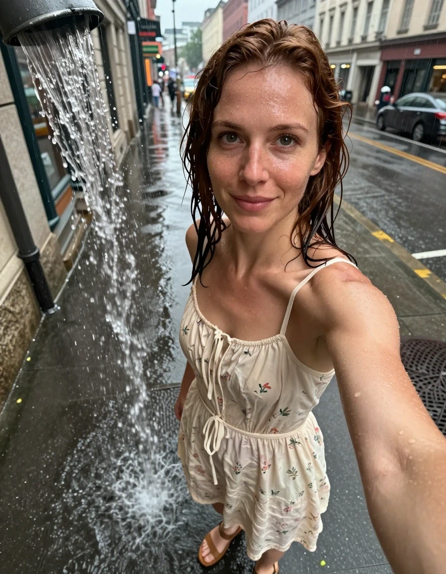 A high-detail selfie-style photograph of a fit woman in her mid-30s with chestnut hair, captured on a rainy afternoon in a bustling downtown city street. She is positioned backing herself directly into a heavy, cascading stream of water pouring from a metal gutter downspout. She is wearing a cream-colored cotton sundress with a subtle floral pattern; the fabric is visibly dampened by the ambient rain, showing realistic darkening, clinging to her silhouette, and increased translucency in areas where the moisture has permeated the fibers. She is wearing tan sandal flats on her feet. Her chestnut hair is damp and slightly piecey from the rain. The atmosphere is moody and overcast with wet pavement reflecting the city lights. The composition is a close-up selfie angle, capturing her focused expression as she interacts with the water stream. The lighting is soft, diffused natural daylight, emphasizing the water sheen on her skin and the texture of the wet cotton fabric.