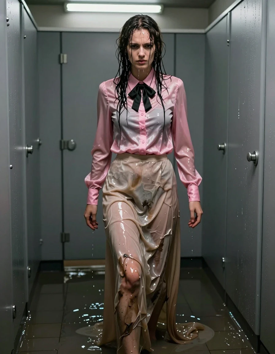 A photorealistic medium shot of a young adult European woman trapped inside a dimly lit, flooded public toilet, high-contrast cinematic lighting. She is wearing a satin pink long-sleeved buttoned-down blouse with a black bowtie, the fabric is drenched, translucent, and clinging to her skin with deep, saturated pink tones and heavy wet folds. She wears a floor-length beige silk skirt that is completely water-saturated, heavy, and dragging in the murky water, with dark, uneven patches where the liquid has absorbed into the fibers. Her bare feet are submerged in the shallow, reflective water covering the tiled floor. Her hair is matted and soaked, strands dripping water down her face and shoulders. The atmosphere is tense and claustrophobic, with water stains on the walls and puddles reflecting the harsh overhead fluorescent light. High-resolution texture, hyper-realistic water sheen, clinging wet fabric, realistic skin pores and moisture, sharp focus on the wet textures of the silk and satin.