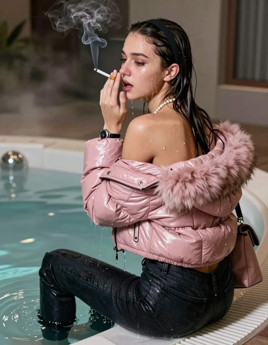 photo of young woman, in soaking wet, drenched clothes,
, Dark skinny jeans, Pink Moncler shiny puffer down jacket with fur, Open jacket, tight v-neck sweater, shoulderbag, pearl necklace, bracelet, wristwatch, Steaming indoor jacuzzi , 
enjoying, wet clothes stuck to body,
detailed textures of the wet clothes, wet face, wet plastered hair,
wet, drenched, professional, high-quality details, full body view.
sharp focus, ultra-high pixel detail, realistic, high-quality, full colors, incredibly detailed, 4k, 8k, 16k, hyper-realistic, RAW photo, masterpiece, ultra-detailed, professionally color graded, professional photograph, A realistic vertical fashion photograph taken from a backward, behind-the-back angle of a 15-year-old teenage girl sitting in a steaming indoor jacuzzi, facing away from the camera to show her back. She hold her hand on her face. She is tilting her head at camera, letting the water drench her hair so it is glued flat against her head and body. She has Sleek  straight long hair with hairband, completely saturated and dripping wet hair, with water cascading down her face and neck, crying and astonished expression. She smoke a cigarette. The lighting is bright and cinematic, highlighting the glistening water droplets on her skin and the saturated texture of her  casual clothes.  Open mouth, half closed eyes. 
her clothing is soaking wet and clinging tightly to her skin, showing heavy wet folds, darkened fabric texture, and deep water-saturated Patches, her clothes are heavy from the water, water runs from her body and her clothes in streams. A lot of water also runs out of her clothes. Her clothes are darkened by the water. 
hyper-realistic wetness, high-contrast water sheen, sharp focus, 16k resolution, professional photography, realistic water physics., wet skin, wet clothes, damp fabric, wet skin, wet clothes, damp fabric, wet skin, wet clothes, damp fabric, wet skin, wet clothes, damp fabric, wet skin, wet clothes, damp fabric, wet skin, wet clothes, damp fabric, wet skin, wet clothes, damp fabric, wet skin, wet clothes, damp fabric, wet skin, wet clothes, damp fabric, wet skin, wet clothes, damp fabric