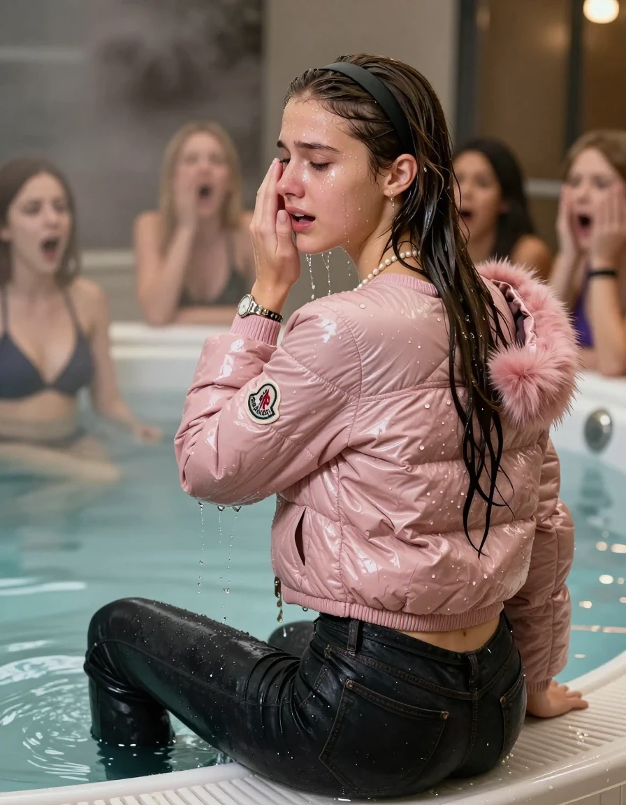 photo of young woman, in soaking wet, drenched clothes,
, Dark skinny jeans, Pink Moncler shiny puffer down jacket with fur, Open jacket, tight v-neck sweater, shoulderbag, pearl necklace, bracelet, wristwatch, Steaming indoor jacuzzi , 
enjoying, wet clothes stuck to body,
detailed textures of the wet clothes, wet face, wet plastered hair,
wet, drenched, professional, high-quality details, full body view.
sharp focus, ultra-high pixel detail, realistic, high-quality, full colors, incredibly detailed, 4k, 8k, 16k, hyper-realistic, RAW photo, masterpiece, ultra-detailed, professionally color graded, professional photograph, A realistic vertical fashion photograph taken from a backward, behind-the-back angle of a 15-year-old teenage girl sitting in a steaming indoor jacuzzi, facing away from the camera to show her back. She hold her hand on her face. She is tilting her head at camera, letting the water drench her hair so it is glued flat against her head and body. She has Sleek  straight long hair with hairband, completely saturated and dripping wet hair, with water cascading down her face and neck, crying and astonished expression. The lighting is bright and cinematic, highlighting the glistening water droplets on her skin and the saturated texture of her  casual clothes.  Open mouth, half closed eyes. 
A group of friends in the background looking shocked at her.
her clothing is soaking wet and clinging tightly to her skin, showing heavy wet folds, darkened fabric texture, and deep water-saturated Patches, her clothes are heavy from the water, water runs from her body and her clothes in streams. A lot of water also runs out of her clothes. Her clothes are darkened by the water. 
hyper-realistic wetness, high-contrast water sheen, sharp focus, 16k resolution, professional photography, realistic water physics., wet skin, wet clothes, damp fabric, wet skin, wet clothes, damp fabric, wet skin, wet clothes, damp fabric, wet skin, wet clothes, damp fabric, wet skin, wet clothes, damp fabric, wet skin, wet clothes, damp fabric, wet skin, wet clothes, damp fabric, wet skin, wet clothes, damp fabric, wet skin, wet clothes, damp fabric, wet skin, wet clothes, damp fabric