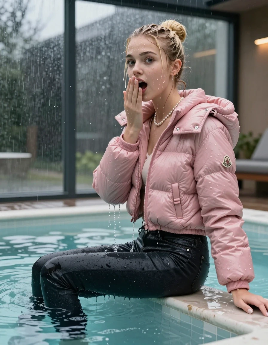 photo of young woman, in soaking wet, drenched clothes,
, Dark skinny jeans, Pink moncler shiny puffer down jacket, Open jacket, tight v-neck sweater, shoulderbag, pearl necklace, bracelet, wristwatch, Steaming indoor jacuzzi , 
enjoying, wet clothes stuck to body,
detailed textures of the wet clothes, wet face, wet plastered hair,
wet, drenched, professional, high-quality details, full body view.
sharp focus, ultra-high pixel detail, realistic, high-quality, full colors, incredibly detailed, 4k, 8k, 16k, hyper-realistic, RAW photo, masterpiece, ultra-detailed, professionally color graded, professional photograph, A realistic vertical fashion photograph taken from a backward, behind-the-back angle of a 15-year-old teenage girl sitting  in a glass-walled outdoor swimming pool and dive into the water, facing to the camera to show her back. She is tilting her head at camera, letting the water drench her hair so it is glued flat against her head and body. She has blonde sleek bun  completely saturated and dripping wet hair, with water cascading down her face and neck. Afraid and astonished expression. open mouth, big eyes. She holds a Hand over her mouth. The lighting is bright and cinematic, highlighting the glistening water droplets on her skin and the saturated texture of her  casual clothes. Outside the large glass wall of the pool building, heavy rain is visible falling against the window. Soft, moody indoor lighting with reflections on the water. High-quality fashion photography style.
her clothing is soaking wet and clinging tightly to her skin, showing heavy wet folds, darkened fabric texture, and deep water-saturated Patches, her clothes are heavy from the water, water runs from her body and her clothes in streams. A lot of water also runs out of her clothes. Her clothes are darkened by the water. 
hyper-realistic wetness, high-contrast water sheen, sharp focus, 16k resolution, professional photography, realistic water physics., wet skin, wet clothes, damp fabric, wet skin, wet clothes, damp fabric, wet skin, wet clothes, damp fabric, wet skin, wet clothes, damp fabric, wet skin, wet clothes, damp fabric, wet skin, wet clothes, damp fabric, wet skin, wet clothes, damp fabric, wet skin, wet clothes, damp fabric, wet skin, wet clothes, damp fabric, wet skin, wet clothes, damp fabric, wet skin, wet clothes, damp fabric, wet skin, wet clothes, damp fabric, wet skin, wet clothes, damp fabric, wet skin, wet clothes, damp fabric, wet skin, wet clothes, damp fabric, wet skin, wet clothes, damp fabric