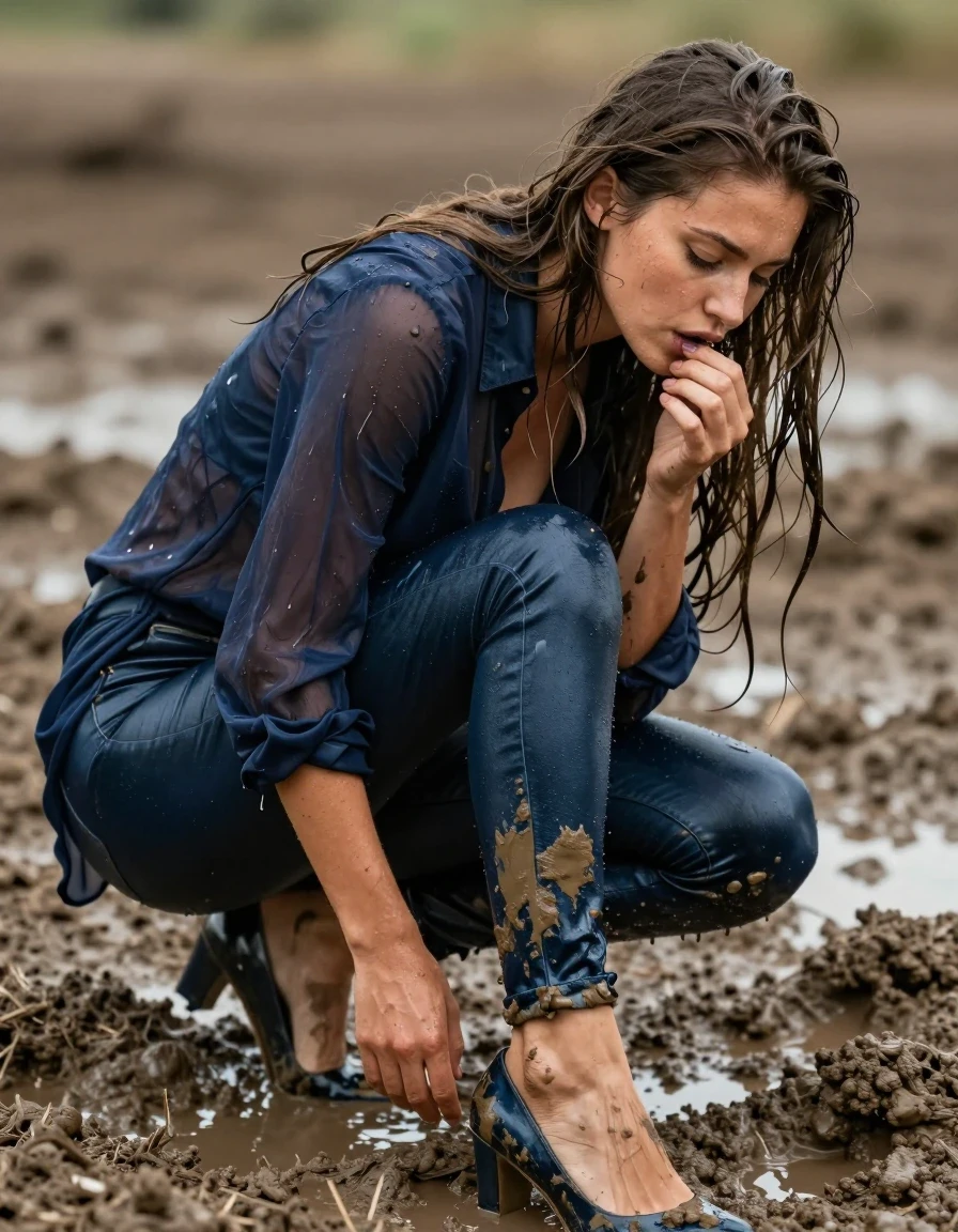photo of young woman, in soaking wet, drenched clothes,
pumps, muddy dark blue slim floor-length silk jeans, see-through, muddy dark blue oversized long blouse, see-through, mud hole, 
enjoying, wet clothes stuck to body,
detailed textures of the wet clothes, wet face, wet plastered hair,
wet, drenched, professional, high-quality details, full body view.
sharp focus, ultra-high pixel detail, realistic, high-quality, full colors, incredibly detailed, 4k, 8k, 16k, hyper-realistic, RAW photo, masterpiece, ultra-detailed, professionally color graded, professional photograph, collar, long sleeves, buttoned,muddy wet hair, long hair, muddy clothes,  full body view, see-through, side view, muddy clothes, wet skin, wet clothes, damp fabric
