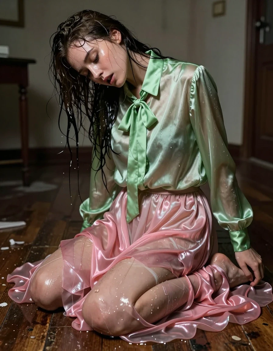 A young adult European woman in a run-down apartment, captured in a state of intense, breathless post-orgasmic release while kneeling on the floor. Her skin is glistening and damp, hair matted and clinging to her face and neck. She is wearing a vivid light green satin long-sleeved oversized shirt with a bowtie, the fabric darkened and clinging to her skin due to heavy saturation from a recent storm. Beneath, she wears a pink silk floor-length skirt layered over multiple petticoats, the silk heavy, translucent, and soaked, clinging to her legs and pooling on the floor in deep, saturated shades of rose. Her bare feet are visible, pressed against the weathered floorboards. The lighting is dim and moody, highlighting the glossy, wet textures of the fabric and skin, with sharp specular reflections on the damp surfaces. Cinematic photography, 8k, highly detailed textures, realistic wetness, dramatic atmosphere.