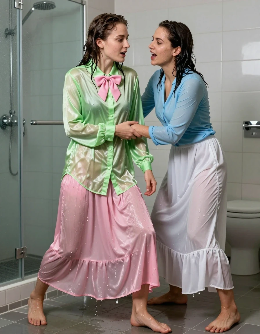 photo of young woman, in soaking wet, drenched clothes,
barefeet, pink silk floor length skirt, multiple petticoats, vivid light green satin long sleeved oversized shirt, pink bowtie, in a gym shower, 
enjoying, wet clothes stuck to body,
detailed textures of the wet clothes, wet face, wet plastered hair,
wet, drenched, professional, high-quality details, full body view.
sharp focus, ultra-high pixel detail, realistic, high-quality, full colors, incredibly detailed, 4k, 8k, 16k, hyper-realistic, RAW photo, masterpiece, ultra-detailed, professionally color graded, professional photograph, 2 lesbian teachers: the other woman is wearing light blue long-sleeved blouse, white maxi skirt with petticoats, wrestling with each other playfully, wet skin, wet clothes, damp fabric