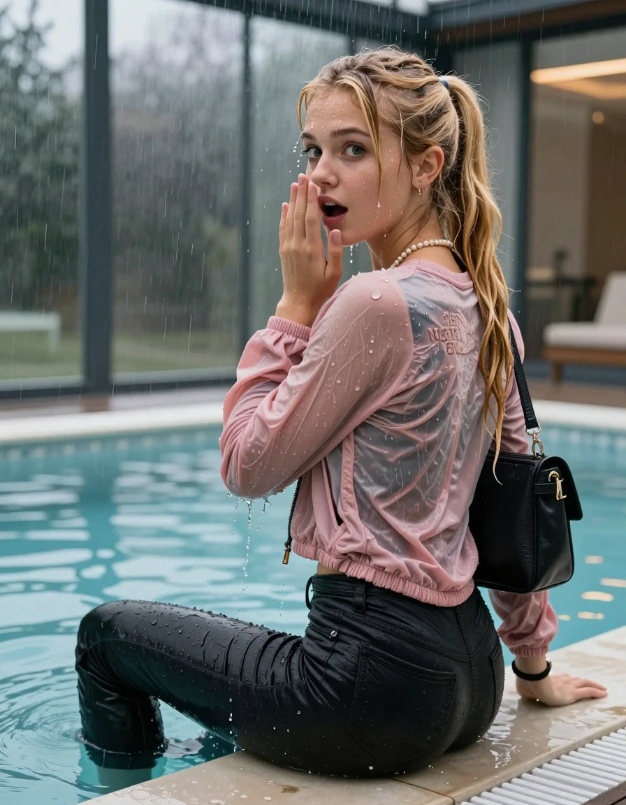 photo of young woman, in soaking wet, drenched clothes,
, Dark skinny jeans, Pink  north face puffer down jacket, Open jacket, tight v-neck sweater, shoulderbag, pearl necklace, bracelet, wristwatch, Steaming indoor jacuzzi , 
enjoying, wet clothes stuck to body,
detailed textures of the wet clothes, wet face, wet plastered hair,
wet, drenched, professional, high-quality details, full body view.
sharp focus, ultra-high pixel detail, realistic, high-quality, full colors, incredibly detailed, 4k, 8k, 16k, hyper-realistic, RAW photo, masterpiece, ultra-detailed, professionally color graded, professional photograph, A realistic vertical fashion photograph taken from a backward, behind-the-back angle of a 15-year-old teenage girl sitting  in a glass-walled outdoor swimming pool and want to Go back in the water, facing to the camera to show her back. She is tilting her head at camera, letting the water drench her hair so it is glued flat against her head and body. She has blonde sleek long ponytail with bangs completely saturated and dripping wet hair, with water cascading down her face and neck. Afraid and astonished expression. open mouth, big eyes. She holds a Hand over her mouth. The lighting is bright and cinematic, highlighting the glistening water droplets on her skin and the saturated texture of her  casual clothes. Outside the large glass wall of the pool building, heavy rain is visible falling against the window. Soft, moody indoor lighting with reflections on the water. High-quality fashion photography style.
her clothing is soaking wet and clinging tightly to her skin, showing heavy wet folds, darkened fabric texture, and deep water-saturated Patches, her clothes are heavy from the water, water runs from her body and her clothes in streams. A lot of water also runs out of her clothes. Her clothes are darkened by the water. 
hyper-realistic wetness, high-contrast water sheen, sharp focus, 16k resolution, professional photography, realistic water physics., wet skin, wet clothes, damp fabric, wet skin, wet clothes, damp fabric, wet skin, wet clothes, damp fabric, wet skin, wet clothes, damp fabric, wet skin, wet clothes, damp fabric, wet skin, wet clothes, damp fabric, wet skin, wet clothes, damp fabric, wet skin, wet clothes, damp fabric, wet skin, wet clothes, damp fabric, wet skin, wet clothes, damp fabric, wet skin, wet clothes, damp fabric, wet skin, wet clothes, damp fabric, wet skin, wet clothes, damp fabric, wet skin, wet clothes, damp fabric, wet skin, wet clothes, damp fabric, wet skin, wet clothes, damp fabric