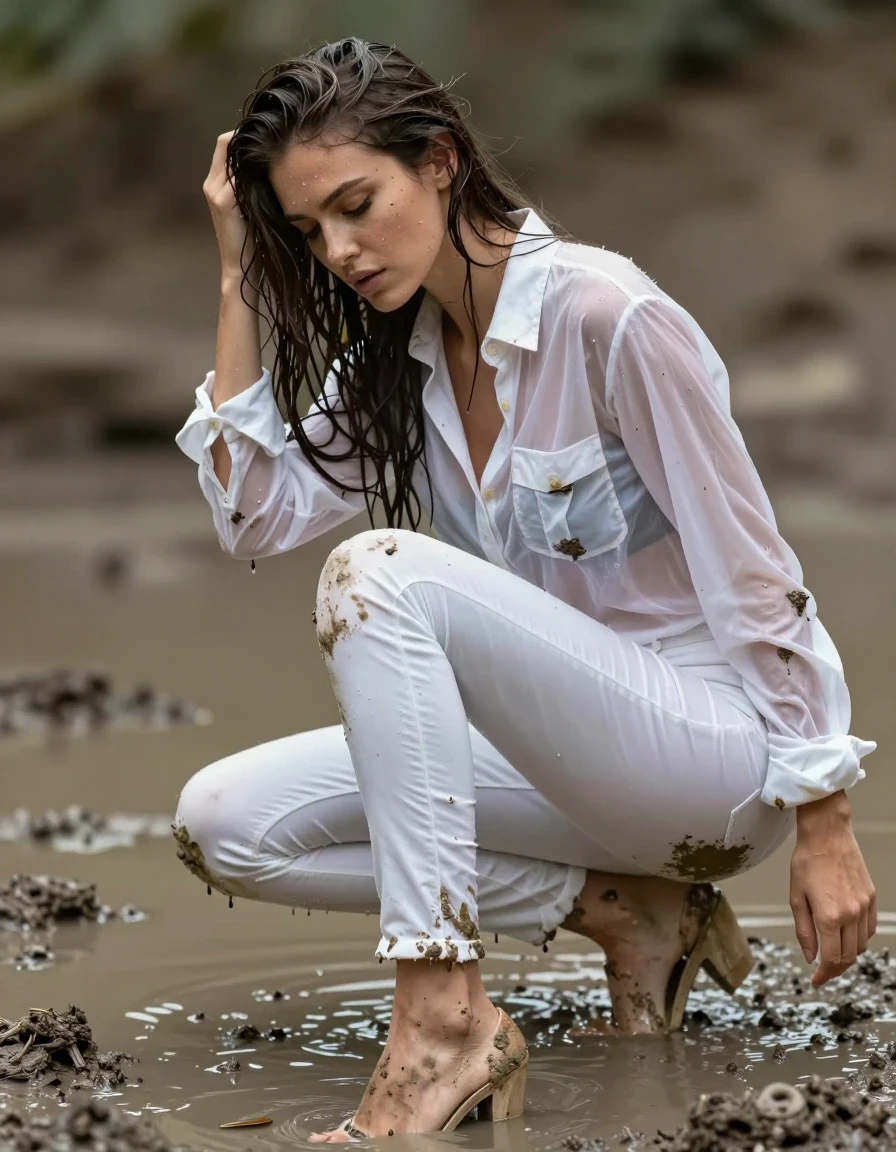 photo of young woman, in soaking wet, drenched clothes,
pumps, muddy dark white slim floor-length silk jeans, see-through, muddy dark white oversized long blouse, see-through, mud pool, 
enjoying, wet clothes stuck to body,
detailed textures of the wet clothes, wet face, wet plastered hair,
wet, drenched, professional, high-quality details, full body view.
sharp focus, ultra-high pixel detail, realistic, high-quality, full colors, incredibly detailed, 4k, 8k, 16k, hyper-realistic, RAW photo, masterpiece, ultra-detailed, professionally color graded, professional photograph, collar, long sleeves, buttoned,muddy wet hair, long hair, muddy clothes, submerged, full body view, see-through, side view, muddy clothes, wet skin, wet clothes, damp fabric