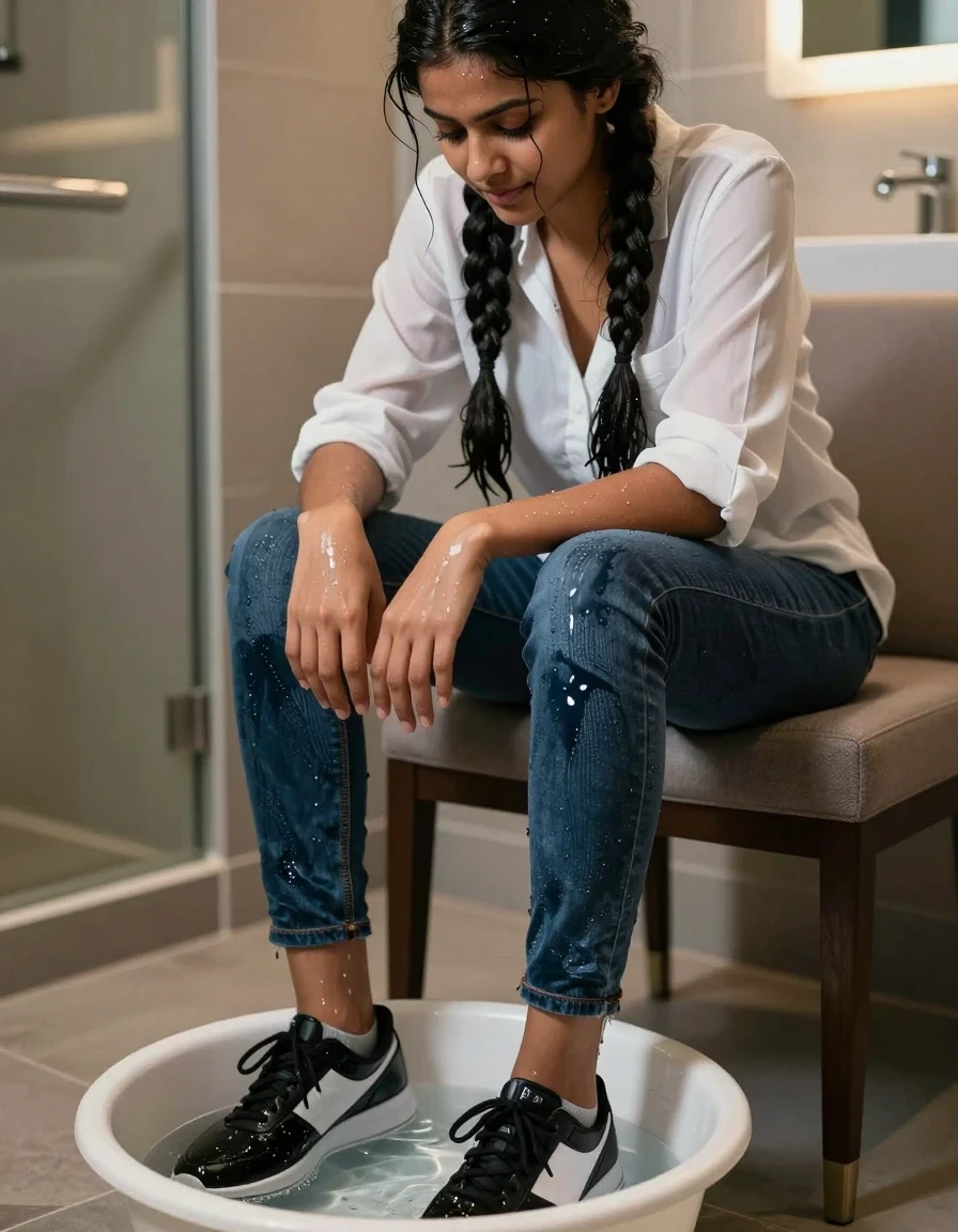 A photorealistic medium shot of an early 20s Indian-American woman with long braided black hair sitting on a chair in a modern hotel bathroom. She is wearing a crisp white blouse and skinny dark jeans. The jeans are soaking-wet dark denim, water-saturated heavyweight denim, changed to deep navy and indigo, with substantially darker unevenly soaked patches, heavy wet folds, and strong glossy specular reflections on the raised weave, seams, and creases. Her feet, clad in black and white sneakers and ankle socks, are submerged in a small plastic basin of water at her feet, leaving the sneakers soaked, heavy, and dark with water. Her hands rest in her lap, her expression a mix of concentration and quiet pleasure. The lighting is soft and ambient, highlighting the sheen of the water on the fabric and the wet texture of the sneakers. Sharp focus, 8k resolution, cinematic lighting, highly detailed skin and fabric textures.