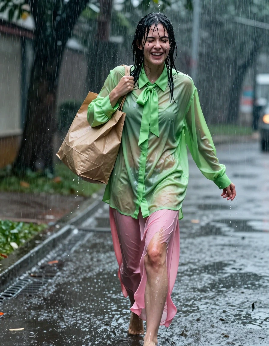 A photorealistic medium shot of a nerdy young adult European woman with wet, rain-slicked hair and skin, caught in a torrential downpour on an empty path. She is wearing a vivid light green satin long-sleeved oversized shirt with a bowtie, the fabric clinging to her frame, darkened and heavy with water, with visible sheen and deep folds. She wears a pink silk floor-length skirt, which is soaked, clinging to her legs, and translucent in patches due to the heavy rain. She is barefoot, her skin glistening with water, and she is struggling to carry a paper grocery bag that is breaking apart from the moisture. Her expression is one of intense, overwhelmed ecstasy, eyes closed, mouth parted in a look of total release. The atmosphere is dark and stormy, with heavy rain streaks visible in the air and water puddles reflecting the dim ambient light. Cinematic lighting, high-speed photography capturing individual droplets, hyper-realistic skin textures, wet fabric physics, intense moisture, deep saturation of the vivid green and pink fabrics, 8k resolution, highly detailed.