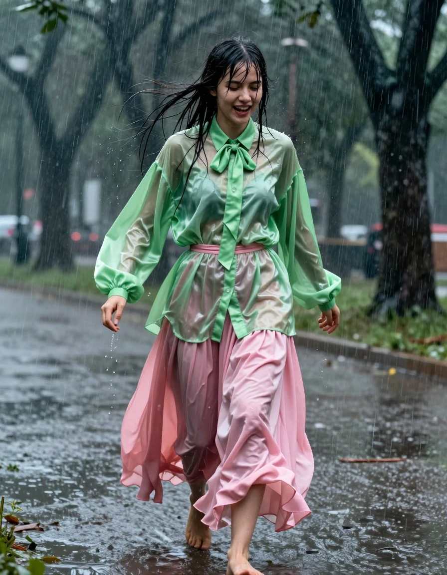 A photorealistic medium shot of a nerdy young adult European woman caught in a torrential downpour and huge winds in an empty park. She is wearing a vivid light green satin long-sleeved oversized shirt with a bowtie, and a floor-length pink silk skirt layered over multiple petticoats. The fabric of the shirt and skirt is heavy with water, clinging to her body, with the silk and satin appearing translucent, darkened, and clinging in deep folds, showing intense water sheen and glossy highlights from the rain. She is barefoot, with wet skin and hair plastered to her face. Her expression is one of intense, overwhelmed pleasure as she stands amidst the violent storm. The environment is dark and atmospheric, with heavy rain streaks, wind-swept trees, and puddles reflecting the dim ambient light. Sharp focus, high-speed photography, cinematic lighting, hyper-realistic textures, 8k resolution, wet-look aesthetic.
