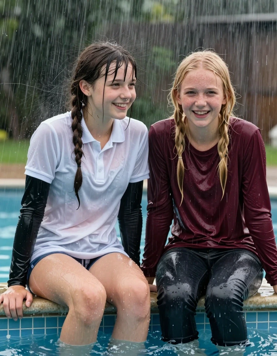 photo of young woman, in soaking wet, drenched clothes,
, , casual wear, 2 girls sitting on the edge of the pool while it pours water on them during a heavy storm, 
enjoying, wet clothes stuck to body,
detailed textures of the wet clothes, wet face, wet plastered hair,
wet, drenched, professional, high-quality details, full body view.
sharp focus, ultra-high pixel detail, realistic, high-quality, full colors, incredibly detailed, 4k, 8k, 16k, hyper-realistic, RAW photo, masterpiece, ultra-detailed, professionally color graded, professional photograph, 2 small college girls both having fun together. both similar age, a small nineteen year old girl, she is small, young, petite, with a flat and slim body, a She has a wide square young face a very small chest, she is a pale brunette with a ponytail and bangs and a septum piercing, She is full of youthful energy, she is wearing a drenched white polo that clings to her body over a black long sleeve undershirt, and panties, her friend is slightly shorter, she has blonde hair, she is wearing dark colored soaked loose jeans and a long sleeve maroon top. her clothes darken from the water. She has a wide square face,, wet skin, wet clothes, damp fabric