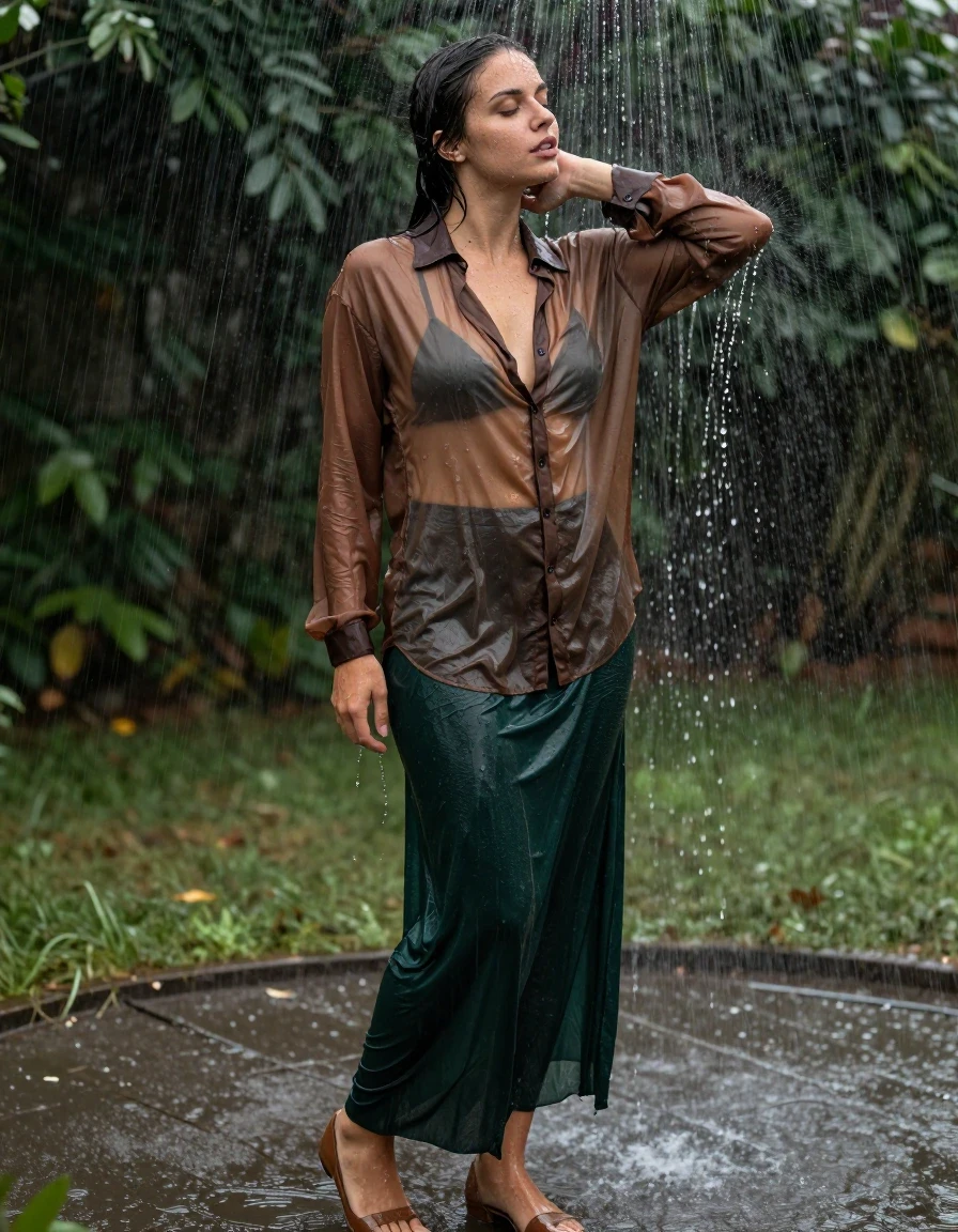 photo of young woman, in soaking wet, drenched clothes,
pumps, dark green oversized floor-length skirt, see-through, brown oversized blouse, see-through, standing in shower, rain, 
enjoying, wet clothes stuck to body,
detailed textures of the wet clothes, wet face, wet plastered hair,
wet, drenched, professional, high-quality details, full body view.
sharp focus, ultra-high pixel detail, realistic, high-quality, full colors, incredibly detailed, 4k, 8k, 16k, hyper-realistic, RAW photo, masterpiece, ultra-detailed, professionally color graded, professional photograph, collar, long sleeves, buttoned, wet clinging hair, long hair, drenched, dripping wet, submerged, full body view, see-through, side view, wet skin, wet clothes, damp fabric