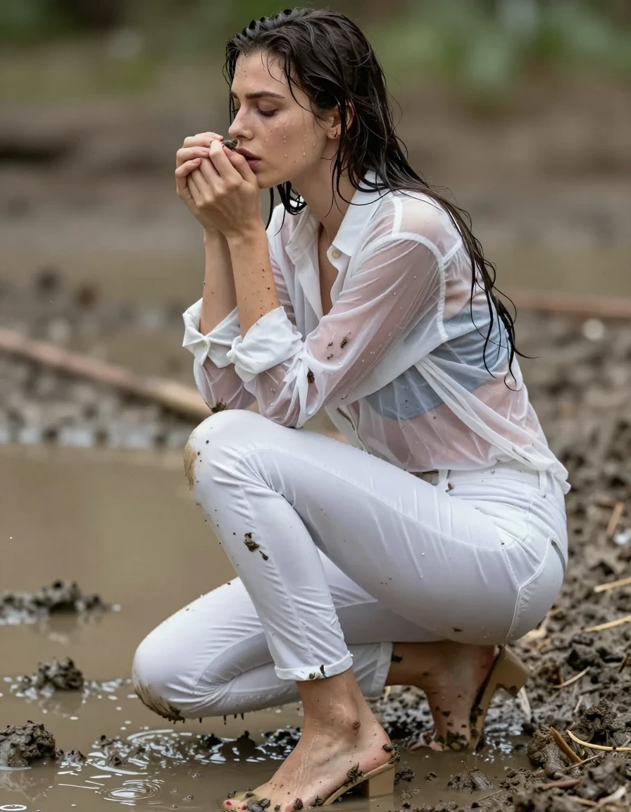 photo of young woman, in soaking wet, drenched clothes,
pumps, muddy dark white slim floor-length silk jeans, see-through, muddy dark white oversized long blouse, see-through, mud pool, 
enjoying, wet clothes stuck to body,
detailed textures of the wet clothes, wet face, wet plastered hair,
wet, drenched, professional, high-quality details, full body view.
sharp focus, ultra-high pixel detail, realistic, high-quality, full colors, incredibly detailed, 4k, 8k, 16k, hyper-realistic, RAW photo, masterpiece, ultra-detailed, professionally color graded, professional photograph, collar, long sleeves, buttoned,muddy wet hair, long hair, muddy clothes,  full body view, see-through, side view, muddy clothes, wet skin, wet clothes, damp fabric