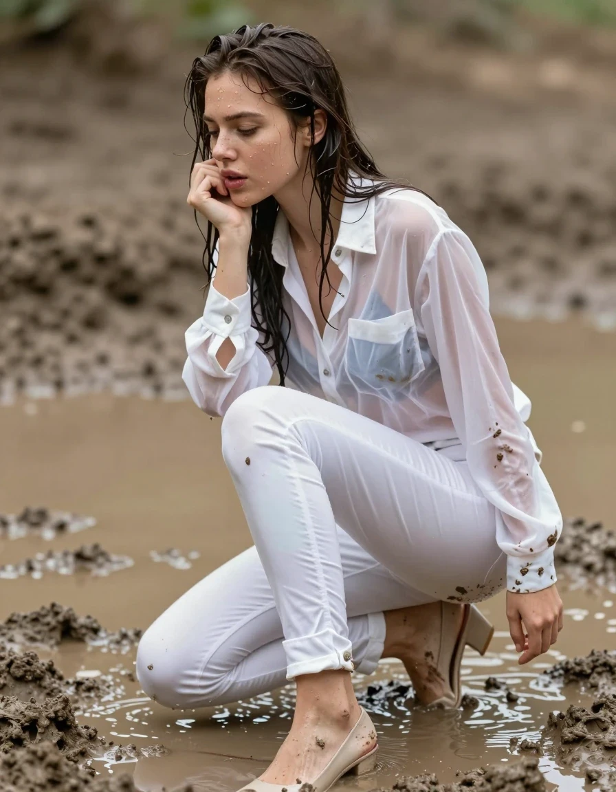 photo of young woman, in soaking wet, drenched clothes,
pumps, dark white slim floor-length silk jeans, see-through, dark white oversized long blouse, see-through, mud pool, 
enjoying, wet clothes stuck to body,
detailed textures of the wet clothes, wet face, wet plastered hair,
wet, drenched, professional, high-quality details, full body view.
sharp focus, ultra-high pixel detail, realistic, high-quality, full colors, incredibly detailed, 4k, 8k, 16k, hyper-realistic, RAW photo, masterpiece, ultra-detailed, professionally color graded, professional photograph, collar, long sleeves, buttoned,muddy wet hair, long hair, muddy clothes, submerged, full body view, see-through, side view, muddy clothes, wet skin, wet clothes, damp fabric