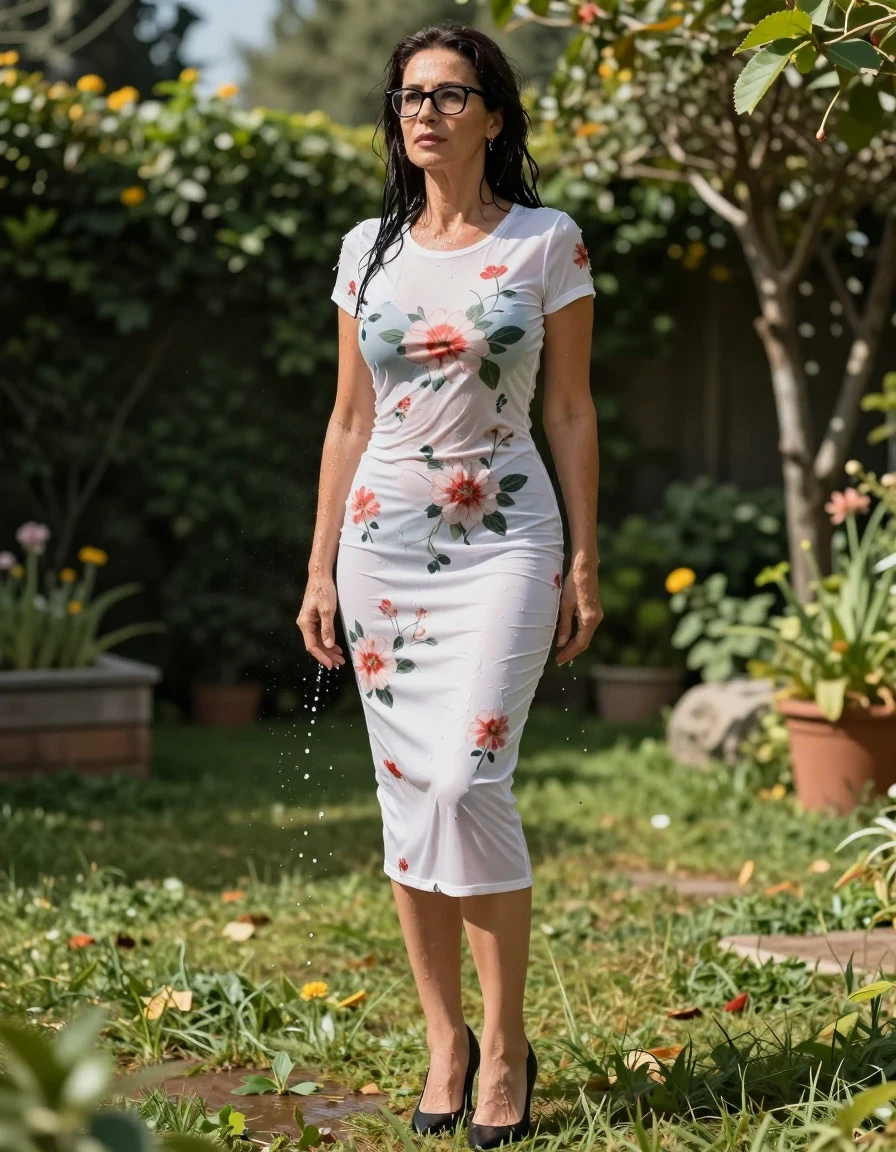 photo of young woman, in soaking wet, drenched clothes,
high heels black shoes, long white floral tight t-shirt dress, long white floral tight t-shirt dress, in sunny garden, enjoying wet clothes stuck body, enjoying, wet clothes stuck to body, 
enjoying, wet clothes stuck to body,
detailed textures of the wet clothes, wet face, wet plastered hair,
wet, drenched, professional, high-quality details, full body view.
sharp focus, ultra-high pixel detail, realistic, high-quality, full colors, incredibly detailed, 4k, 8k, 16k, hyper-realistic, RAW photo, masterpiece, ultra-detailed, professionally color graded, professional photograph, europen brunette skinny woman 50 years old, long dark black hair, office glasses, very big and thick lips, complete body, wet skin, wet clothes, damp fabric, wet skin, wet clothes, damp fabric, wet skin, wet clothes, damp fabric, wet skin, wet clothes, damp fabric, wet skin, wet clothes, damp fabric, wet skin, wet clothes, damp fabric, wet skin, wet clothes, damp fabric