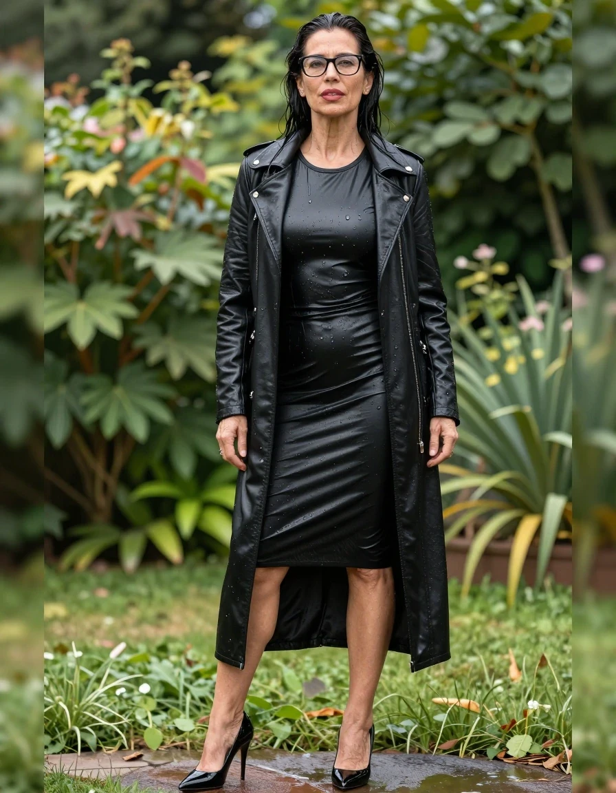 photo of young woman, in soaking wet, drenched clothes,
high heels black shoes, long black tight leather t-shirt dress, long black tight leather t-shirt dress, maxi black leather byker jacket, in sunny garden, enjoying wet clothes stuck body, enjoying, wet clothes stuck to body, 
enjoying, wet clothes stuck to body,
detailed textures of the wet clothes, wet face, wet plastered hair,
wet, drenched, professional, high-quality details, full body view.
sharp focus, ultra-high pixel detail, realistic, high-quality, full colors, incredibly detailed, 4k, 8k, 16k, hyper-realistic, RAW photo, masterpiece, ultra-detailed, professionally color graded, professional photograph, europen brunette skinny woman 50 years old, long dark black hair, office glasses, very big and thick lips, complete body, wet skin, wet clothes, damp fabric, wet skin, wet clothes, damp fabric, wet skin, wet clothes, damp fabric, wet skin, wet clothes, damp fabric, wet skin, wet clothes, damp fabric, wet skin, wet clothes, damp fabric, wet skin, wet clothes, damp fabric